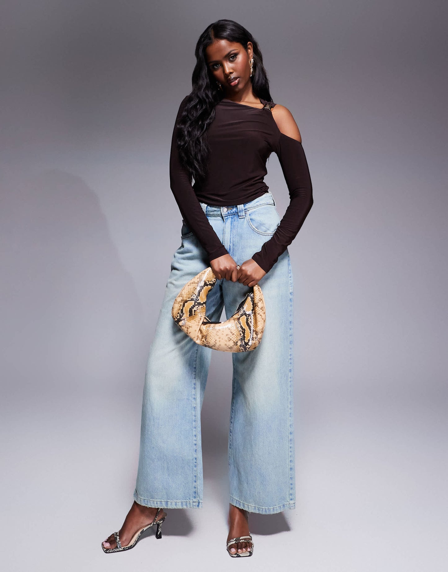 ASOS DESIGN slinky long sleeve twist shoulder gold detail top in chocolate