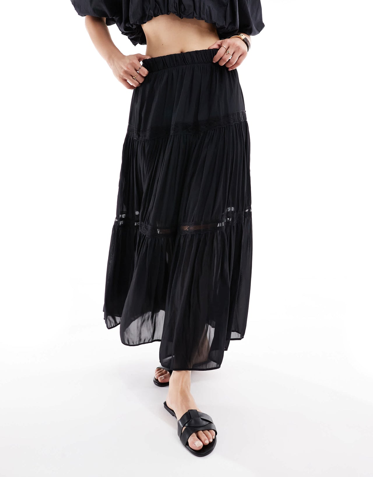 New Look lace insert crinkle tiered midi skirt in black