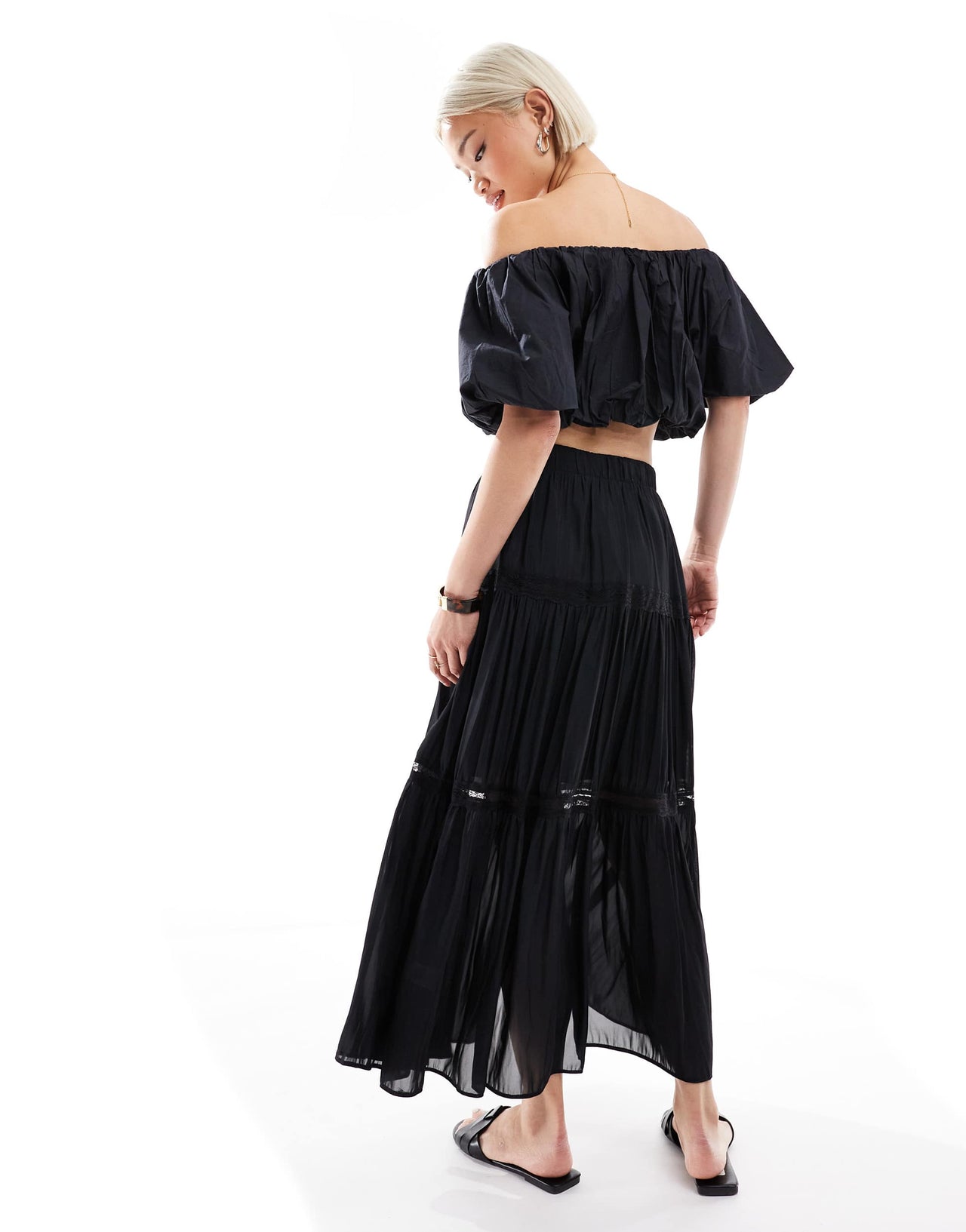 New Look lace insert crinkle tiered midi skirt in black