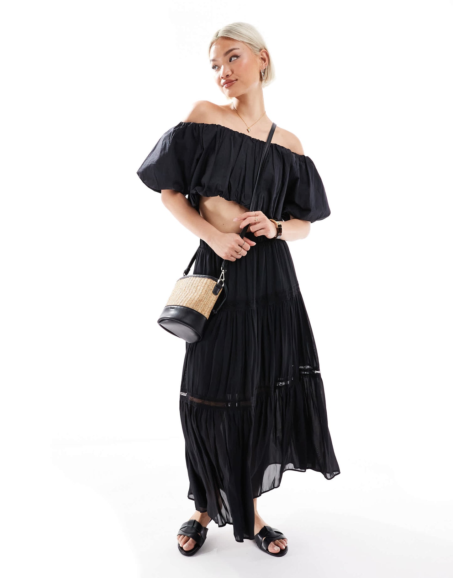 New Look lace insert crinkle tiered midi skirt in black