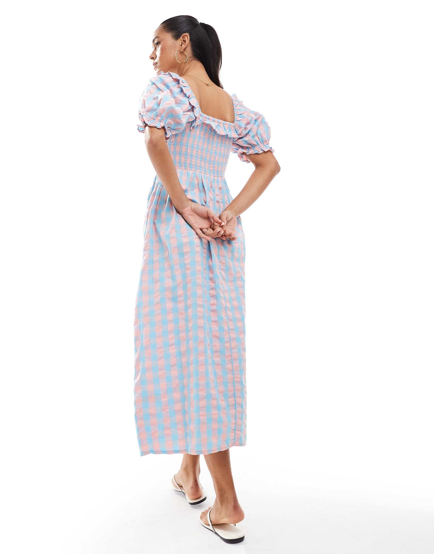 New Look puff sleeve milkmaid dress in blue and pink gingham