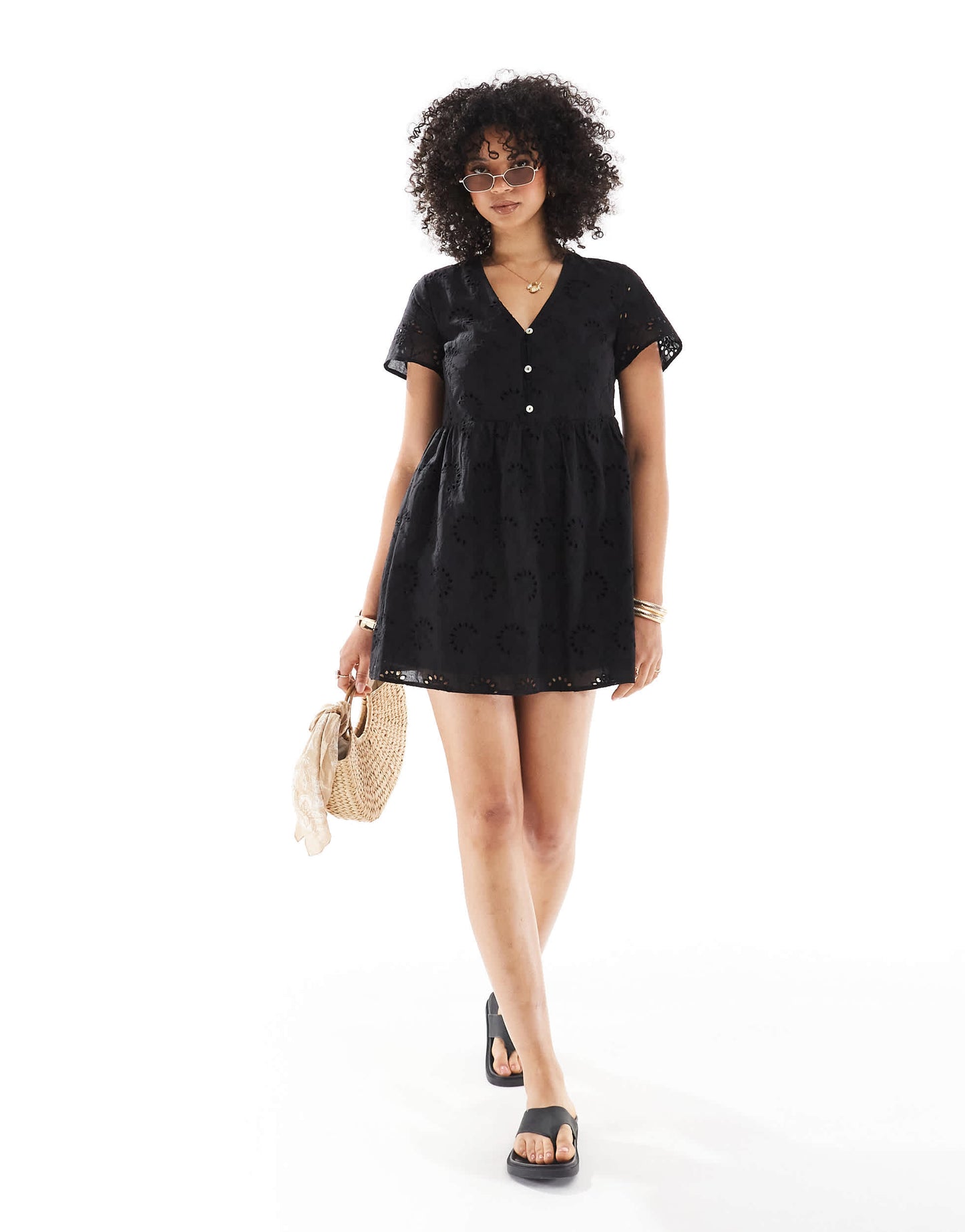 New Look broderie smock mini dress in black
