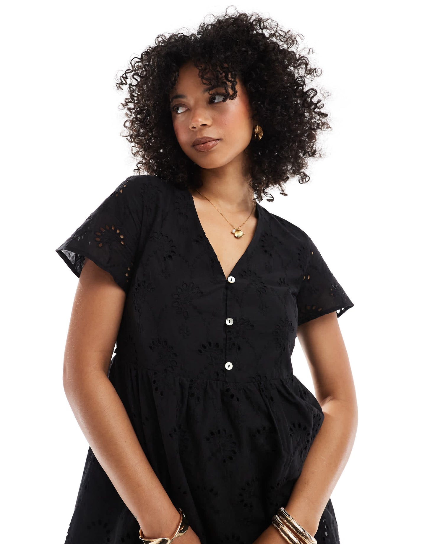 New Look broderie smock mini dress in black