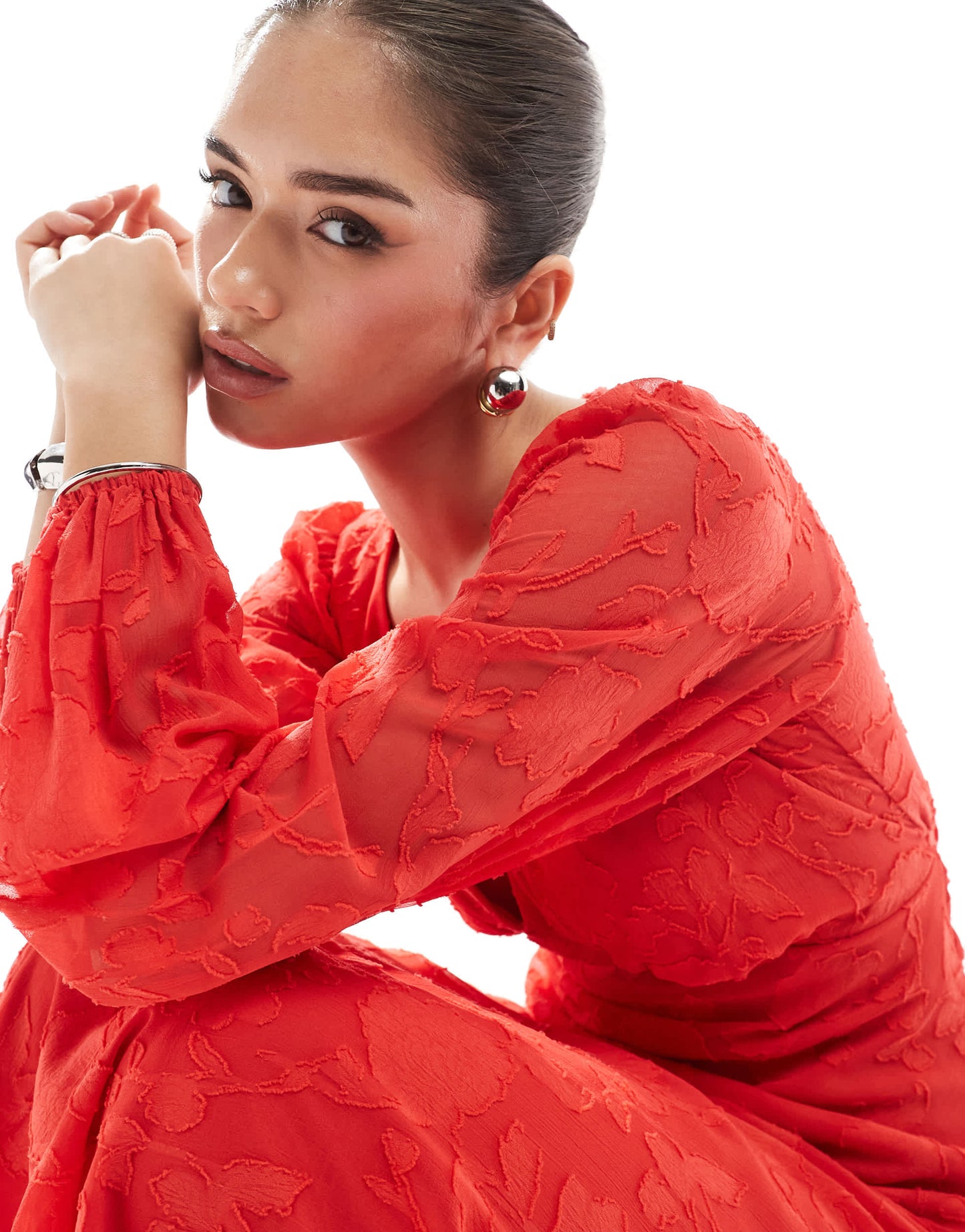 New Look devore long sleeve midi dress in red