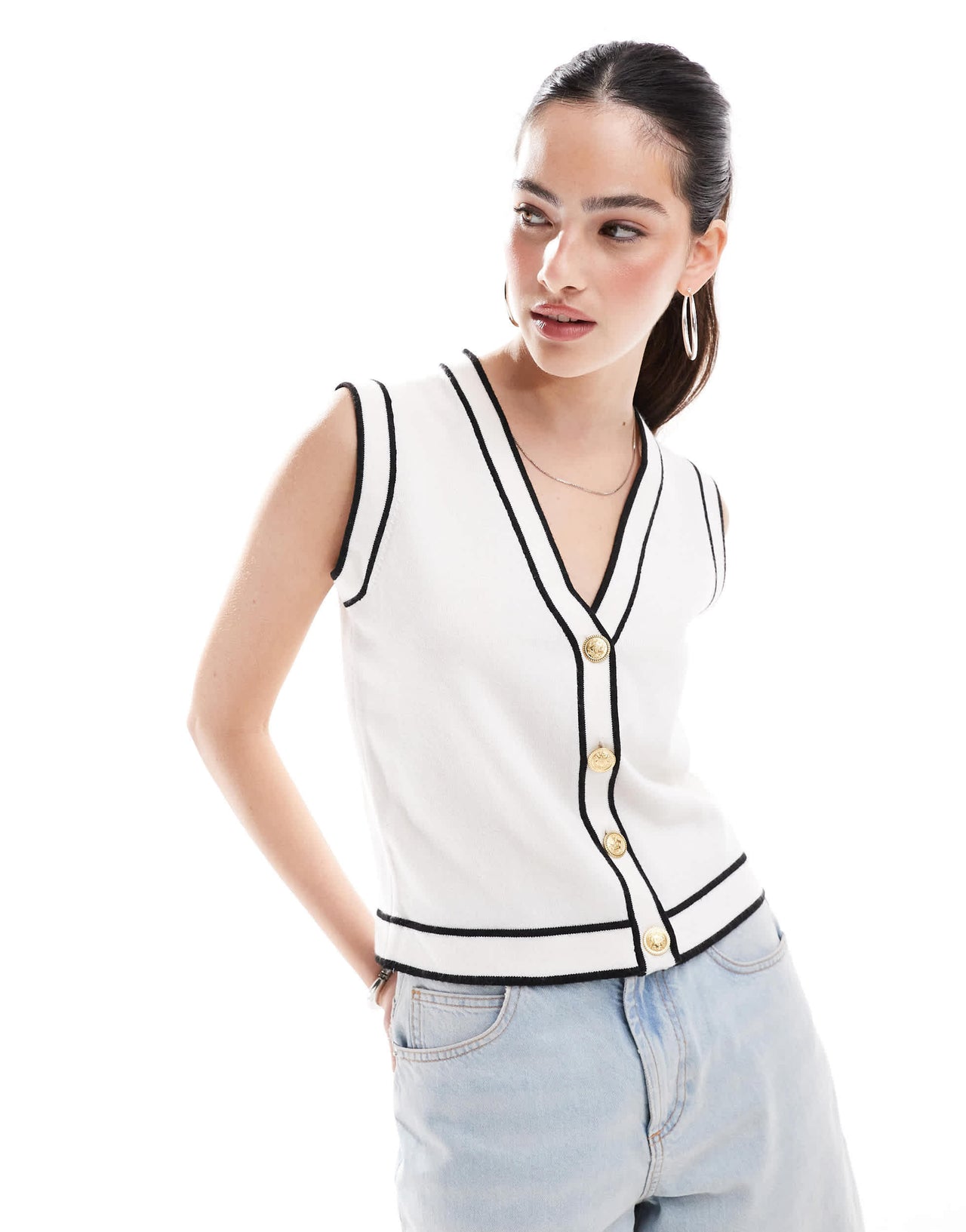 New Look tipped knitted waistcoat in cream pattern