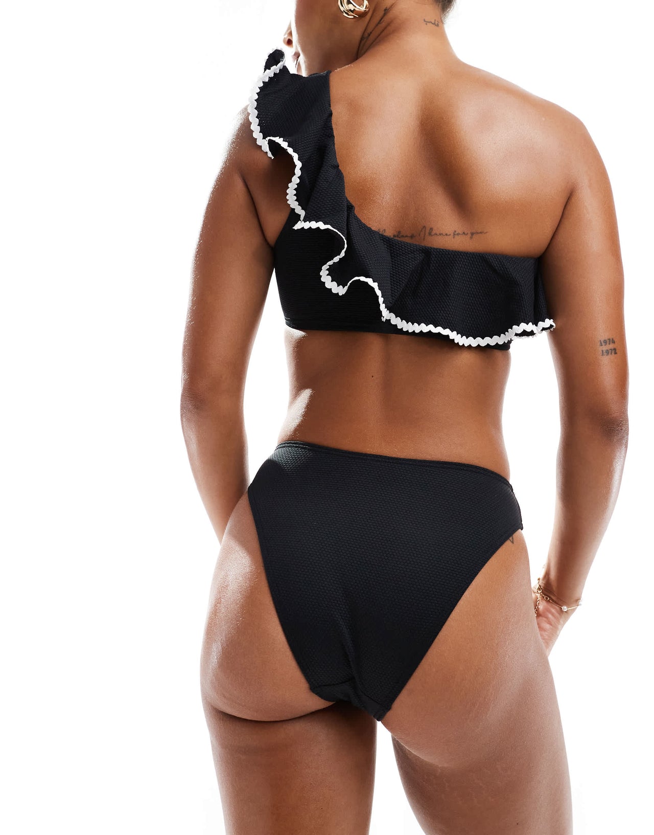 New Look one shoulder blanket stitch bikini bottoms in black