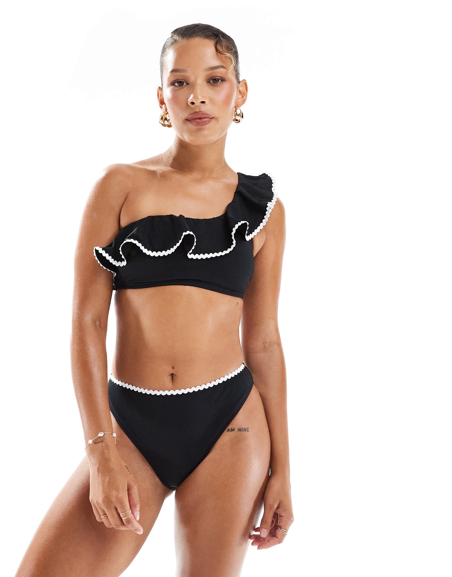 New Look one shoulder blanket stitch bikini bottoms in black