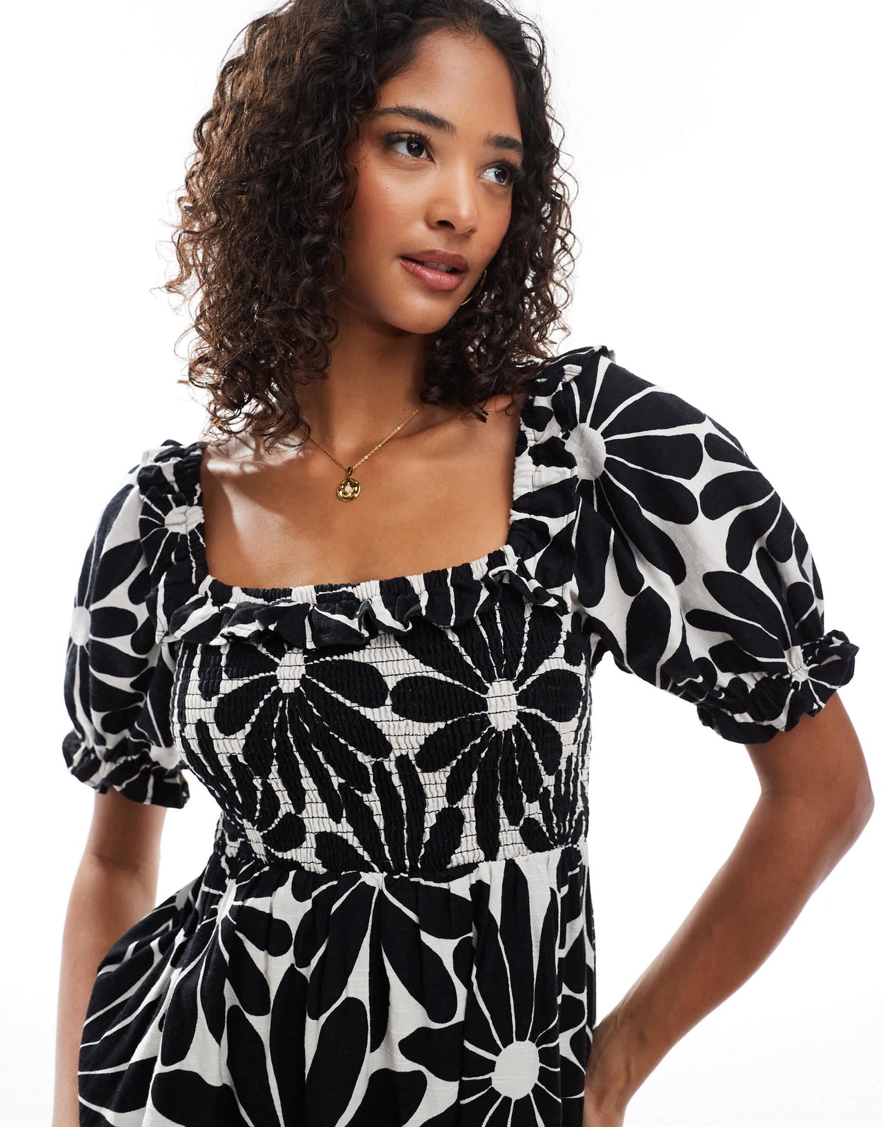 New Look puff sleeve milkmaid dress in black floral print