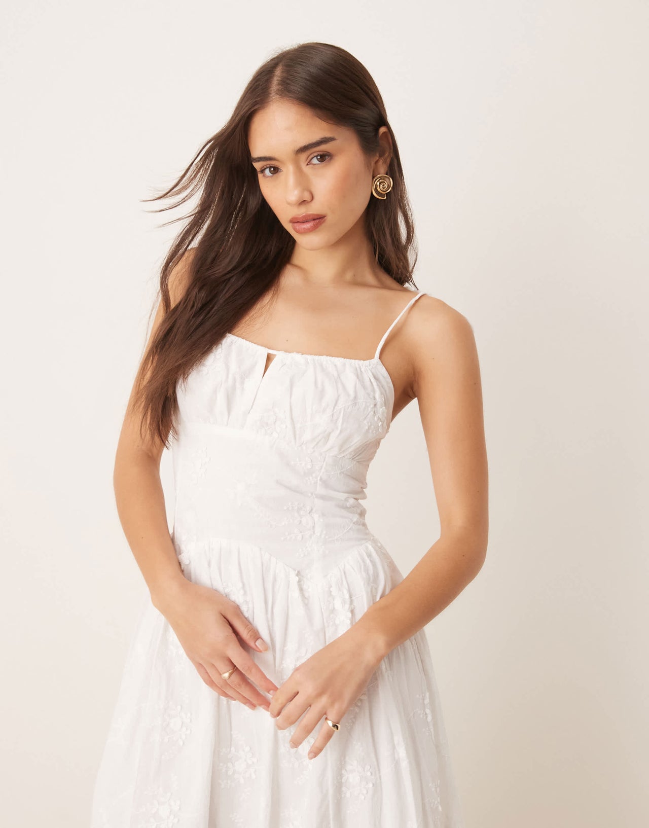 New Look milkmaid broderie strappy midi dress in white
