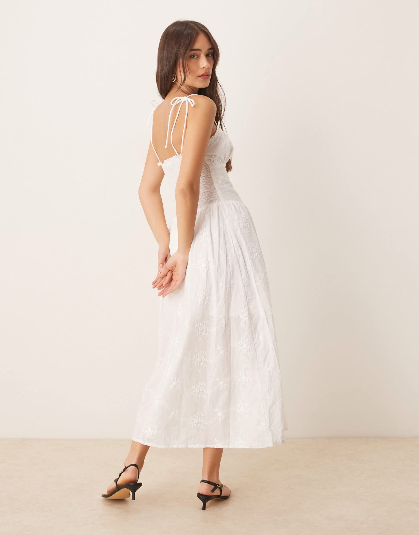 New Look milkmaid broderie strappy midi dress in white