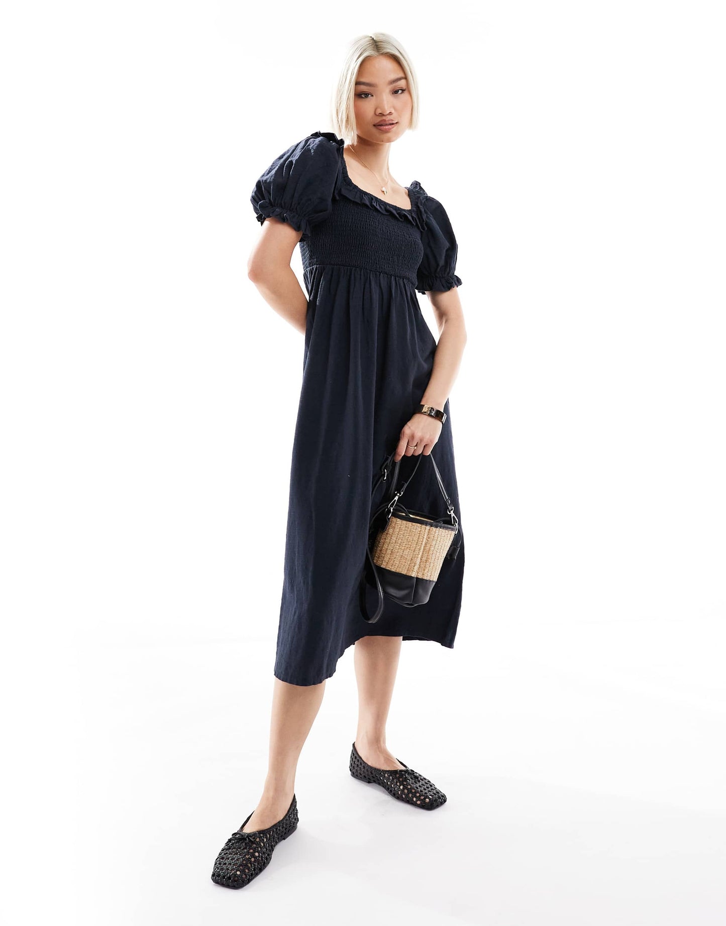 New Look puff sleeve milkmaid dress in navy