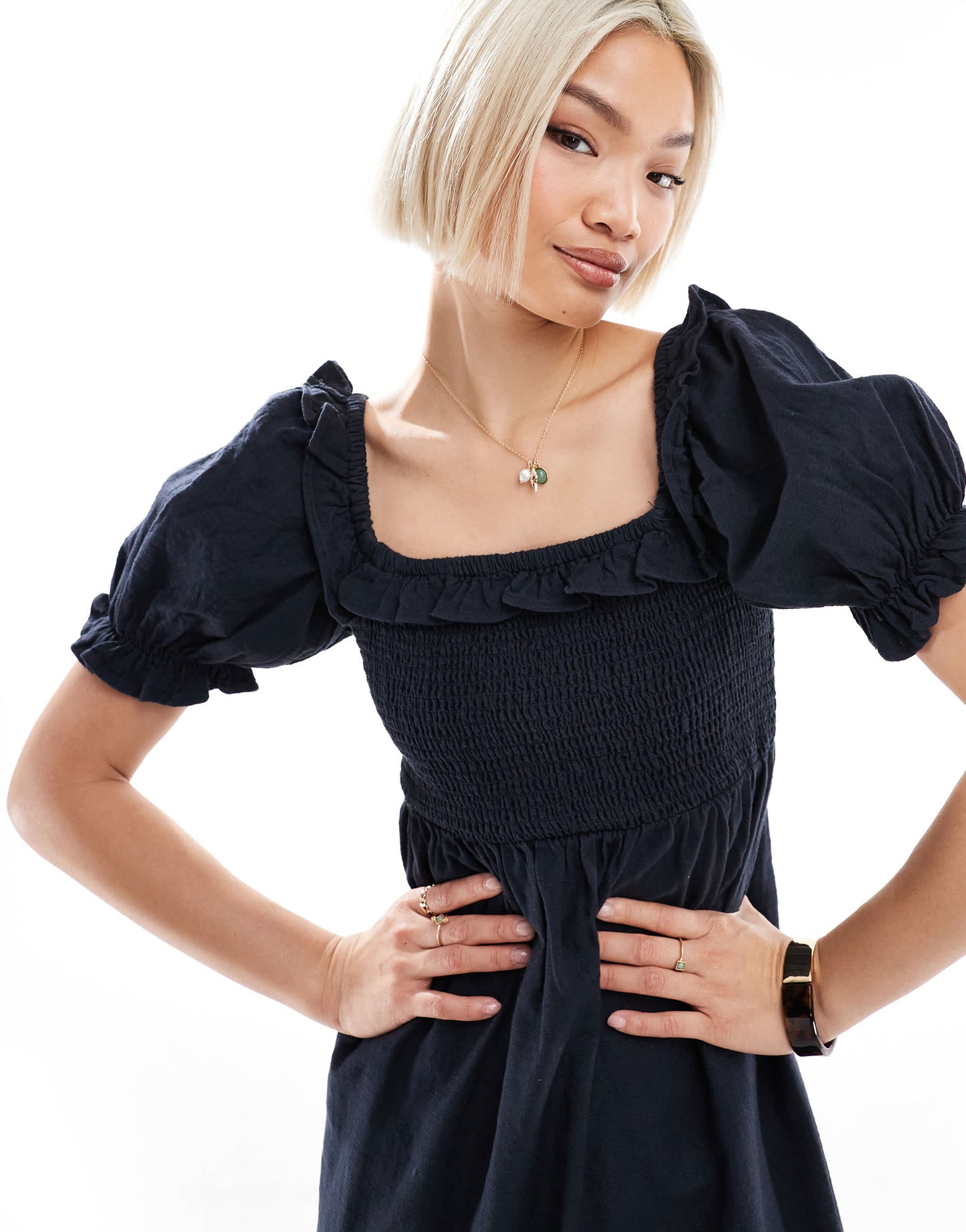 New Look puff sleeve milkmaid dress in navy