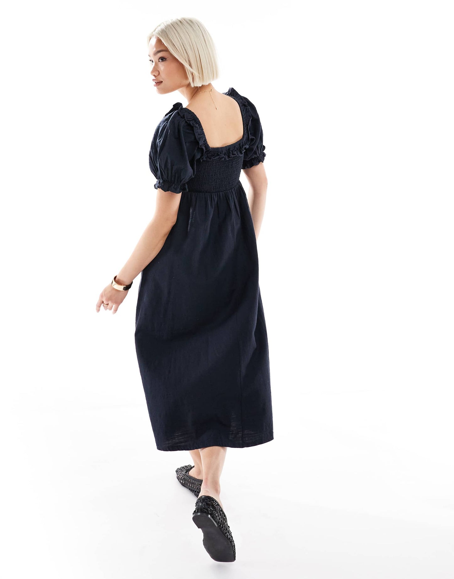 New Look puff sleeve milkmaid dress in navy