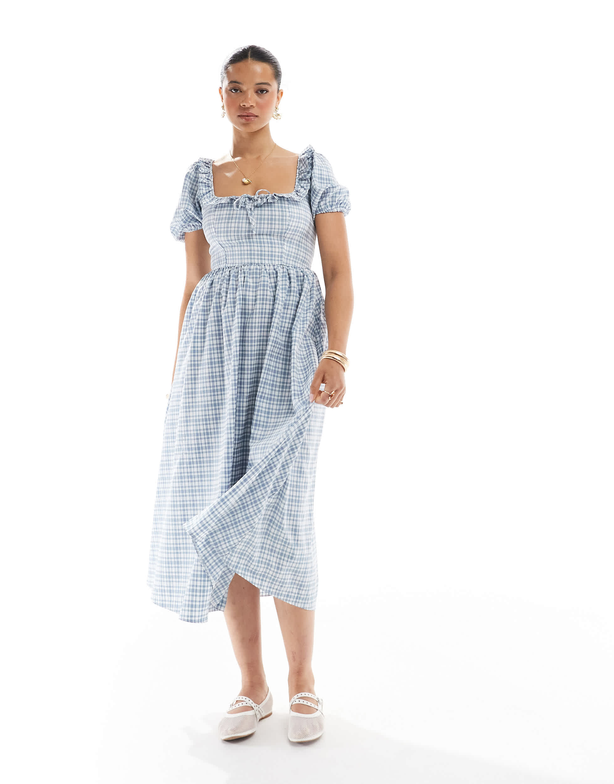 New Look corset detail check midi dress in blue