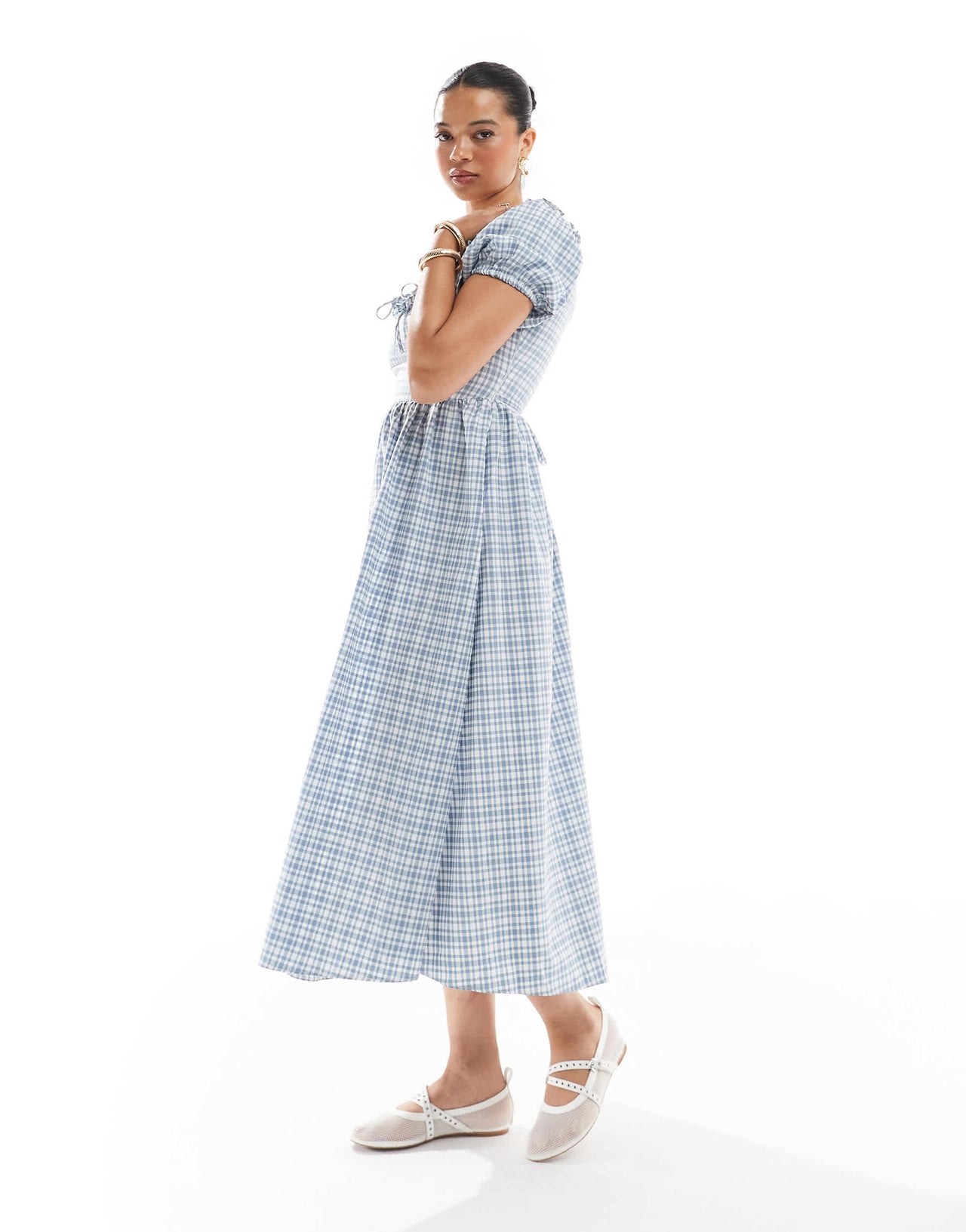 New Look corset detail check midi dress in blue
