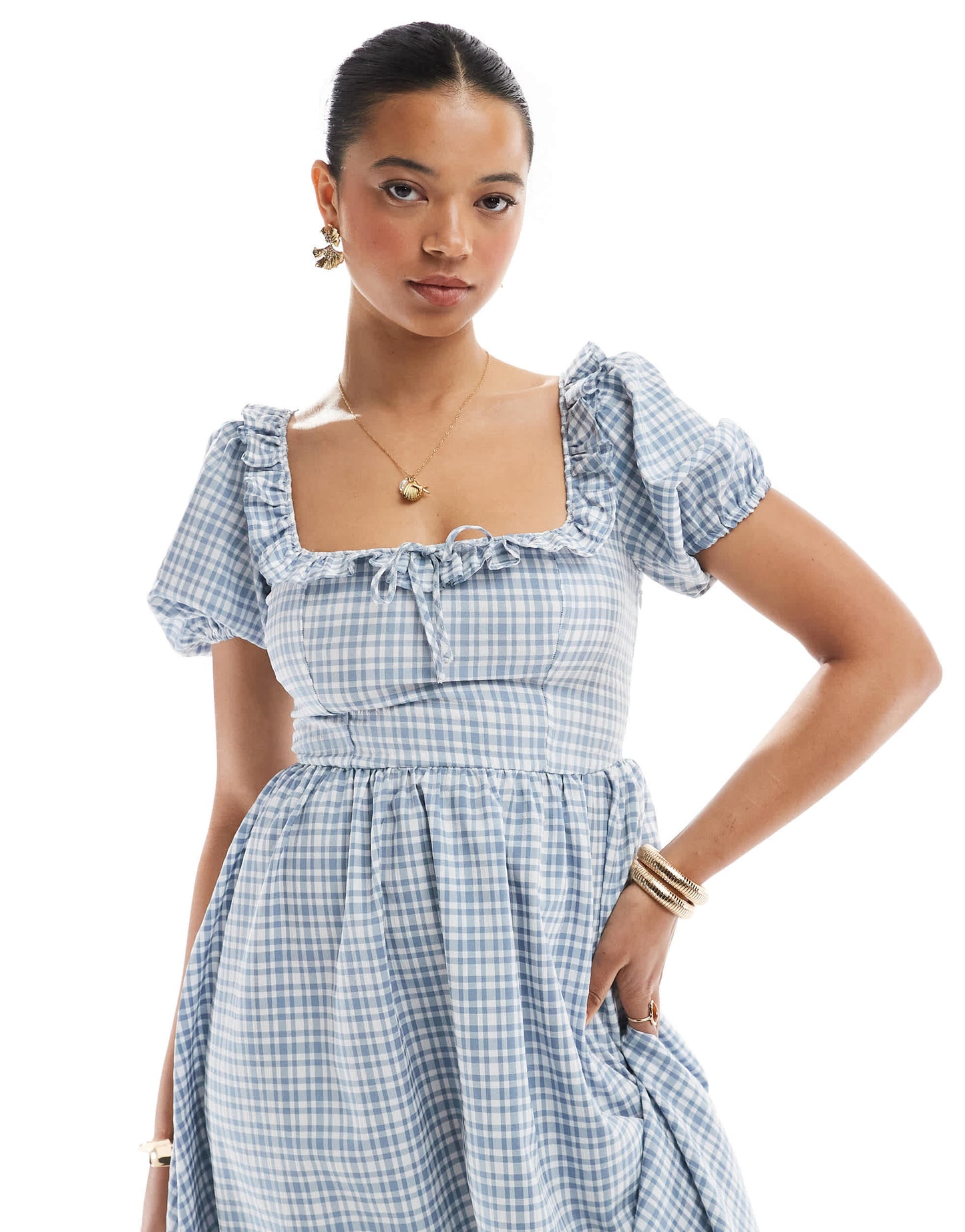 New Look corset detail check midi dress in blue