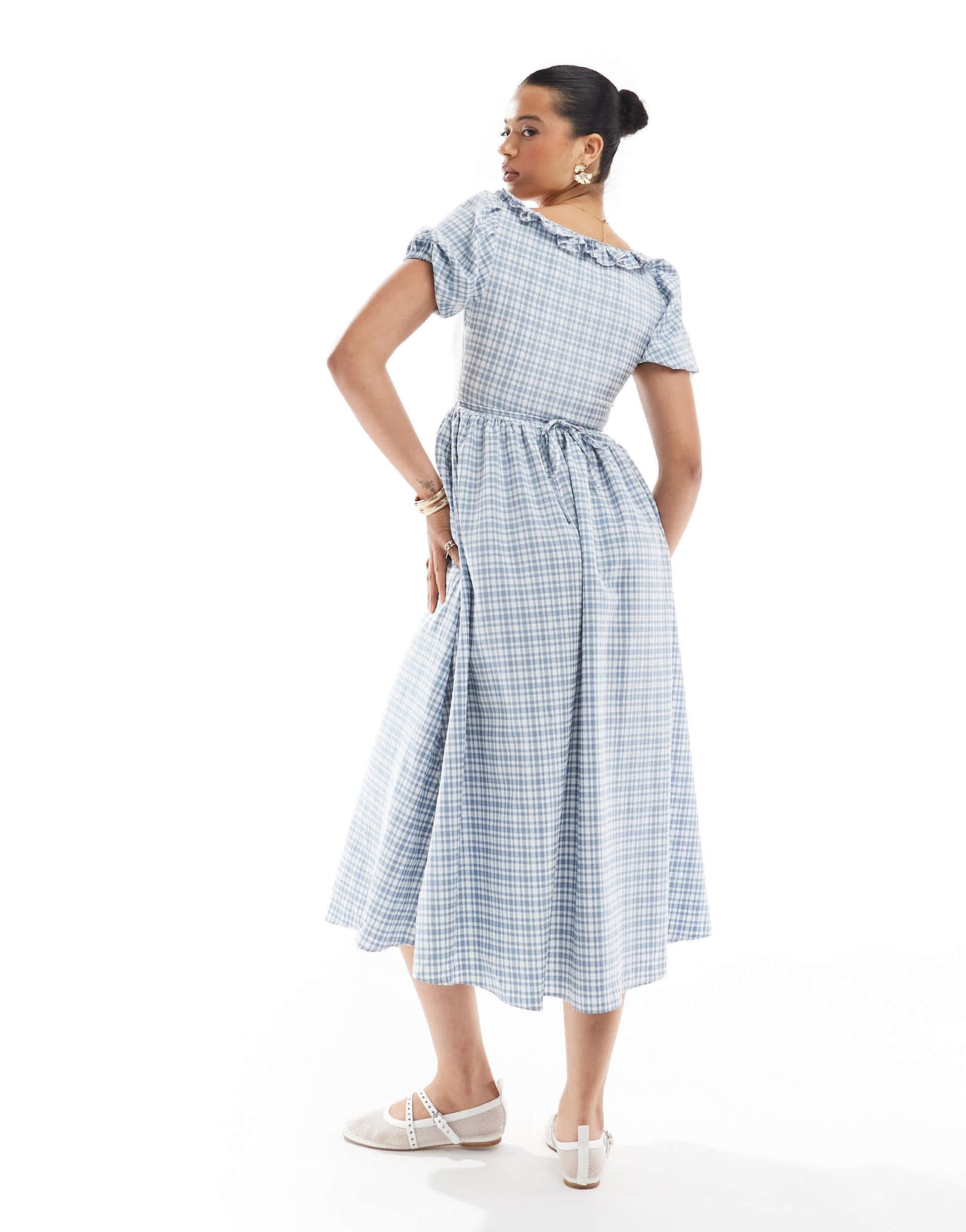 New Look corset detail check midi dress in blue