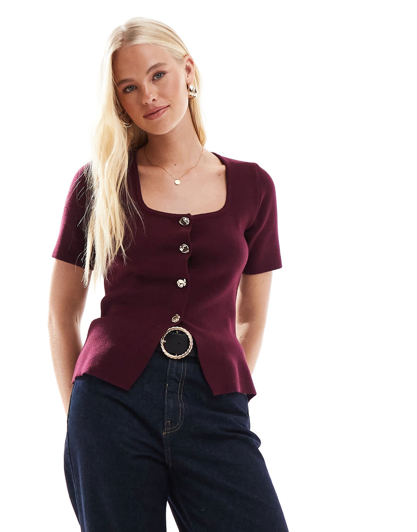 New Look square neck short sleeve cardigan in burgundy
