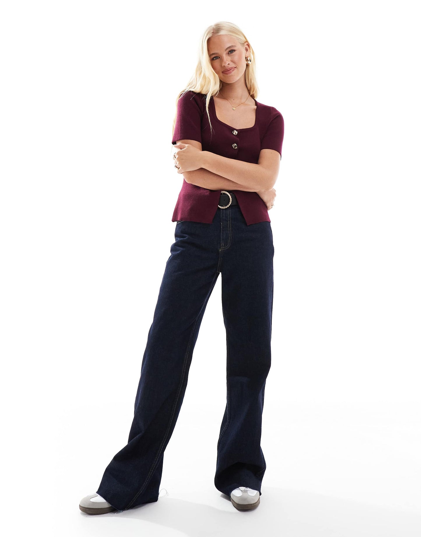 New Look square neck short sleeve cardigan in burgundy