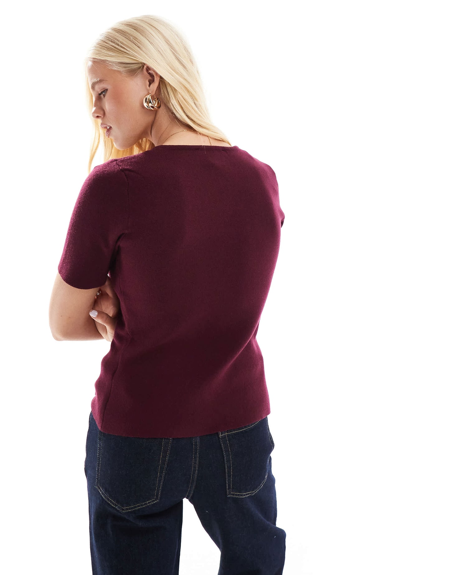New Look square neck short sleeve cardigan in burgundy