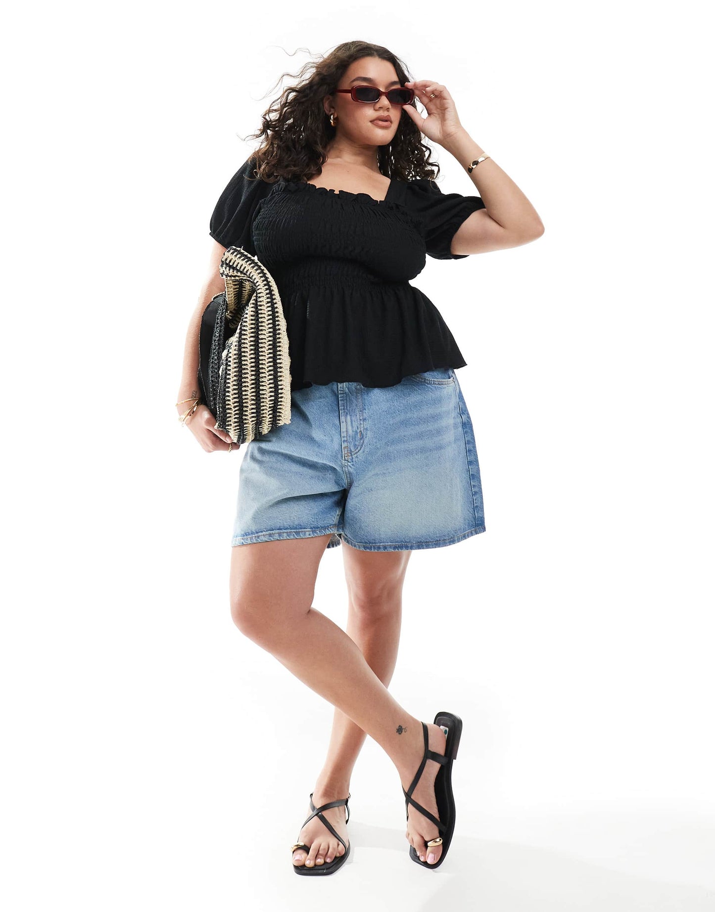 New Look Curve shirred bodice short sleeve top in black