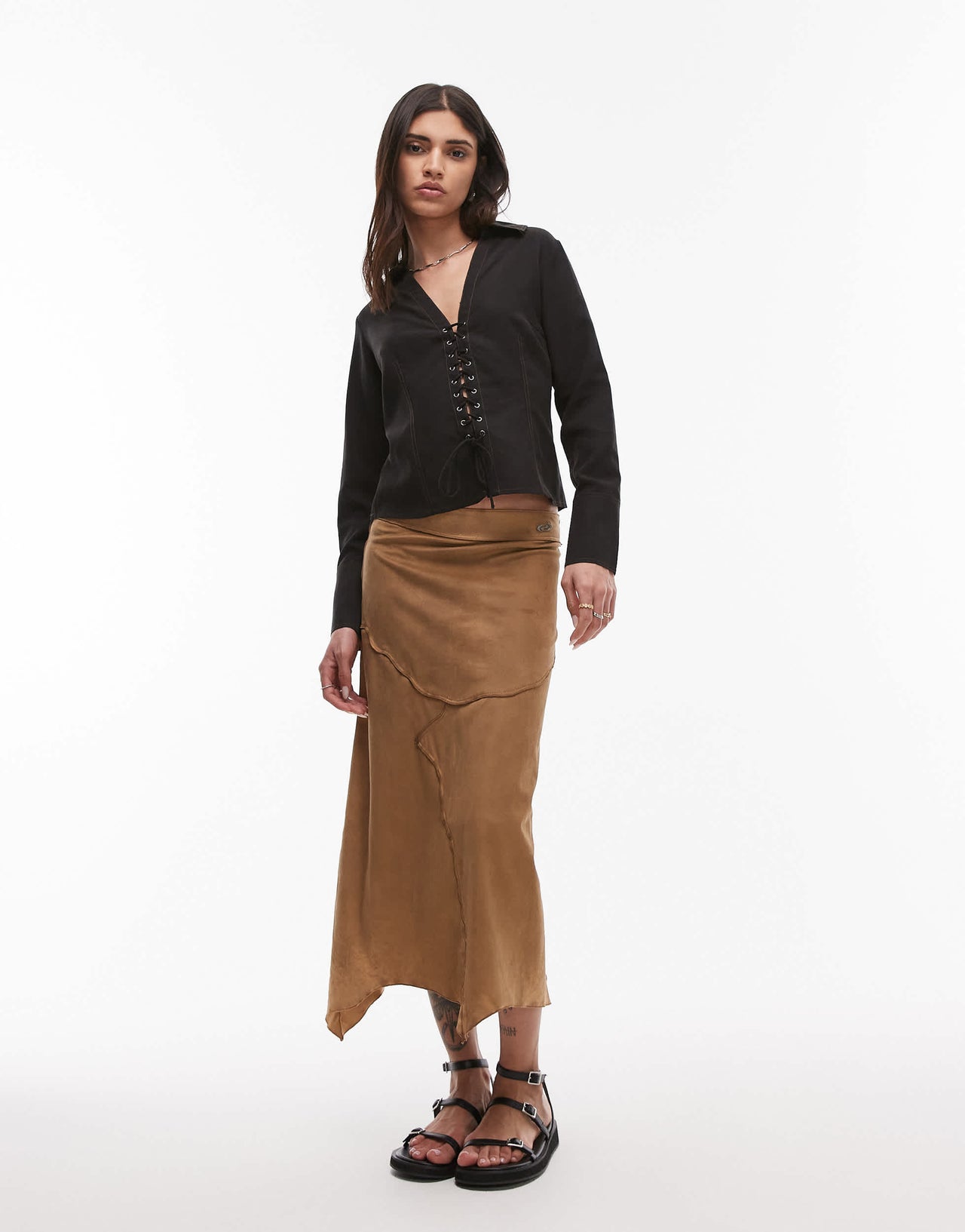 Resume faux suede boho western asymmetric midaxi skirt in light camel