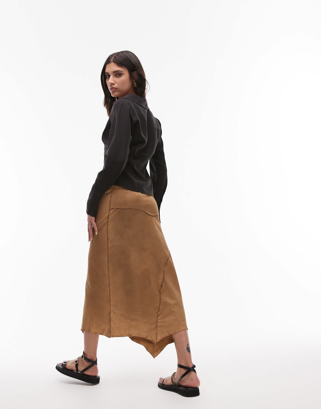 Resume faux suede boho western asymmetric midaxi skirt in light camel