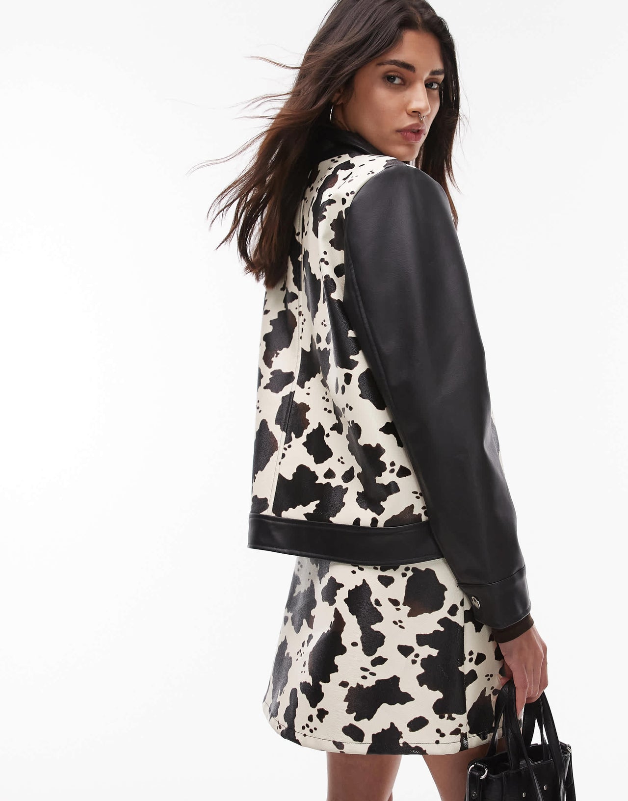 Resume zip up PU jacket in cow print co-ord