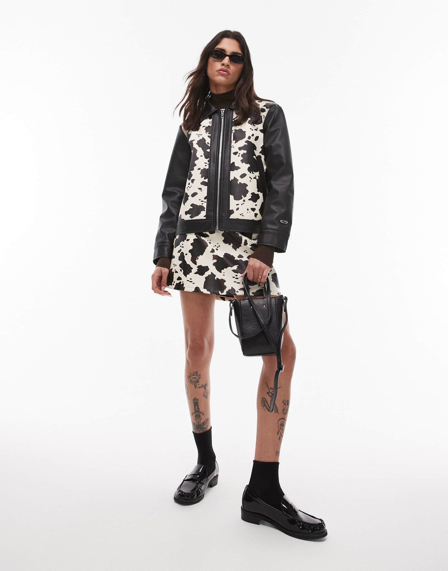 Resume zip up PU jacket in cow print co-ord