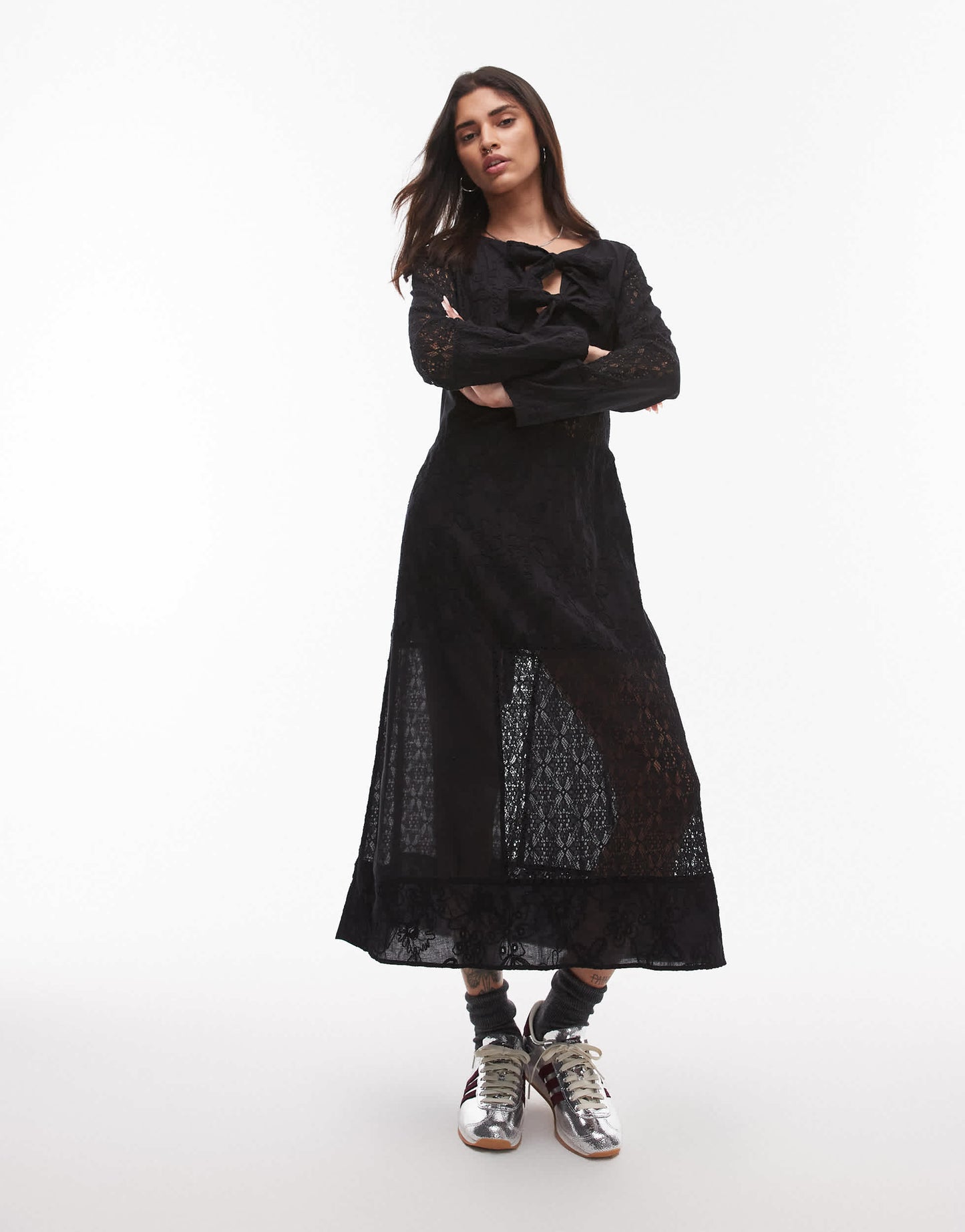 Resume broderie midaxi dress with front ties in black