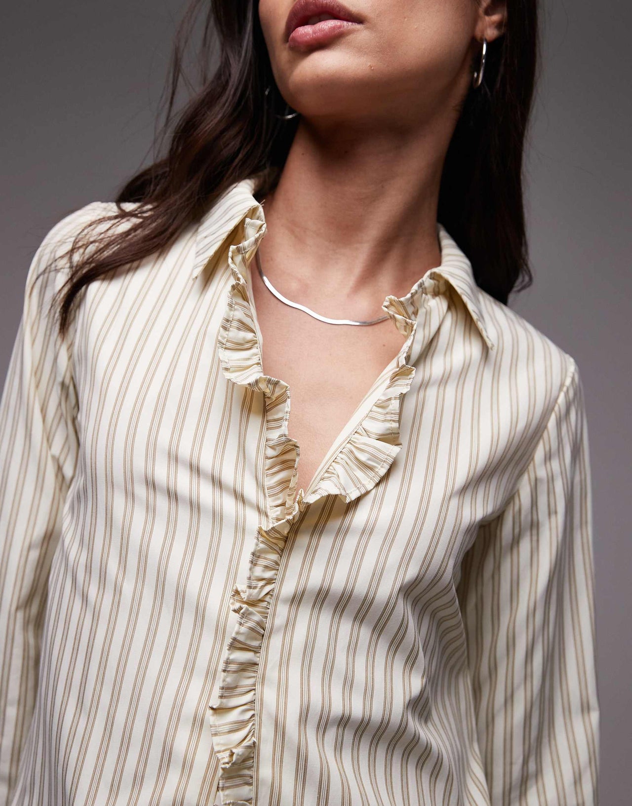 Resume fitted midaxi shirt dress with ruffle placket in multi creme stripe