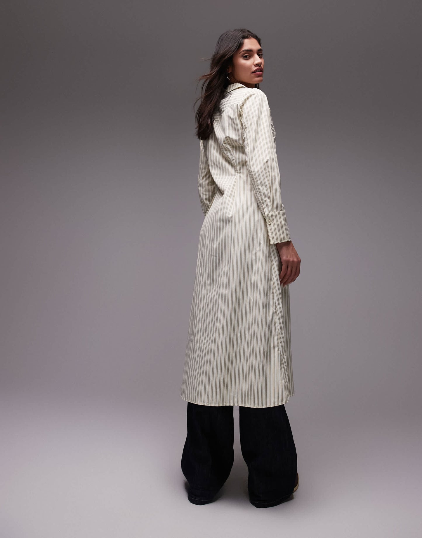 Resume fitted midaxi shirt dress with ruffle placket in multi creme stripe