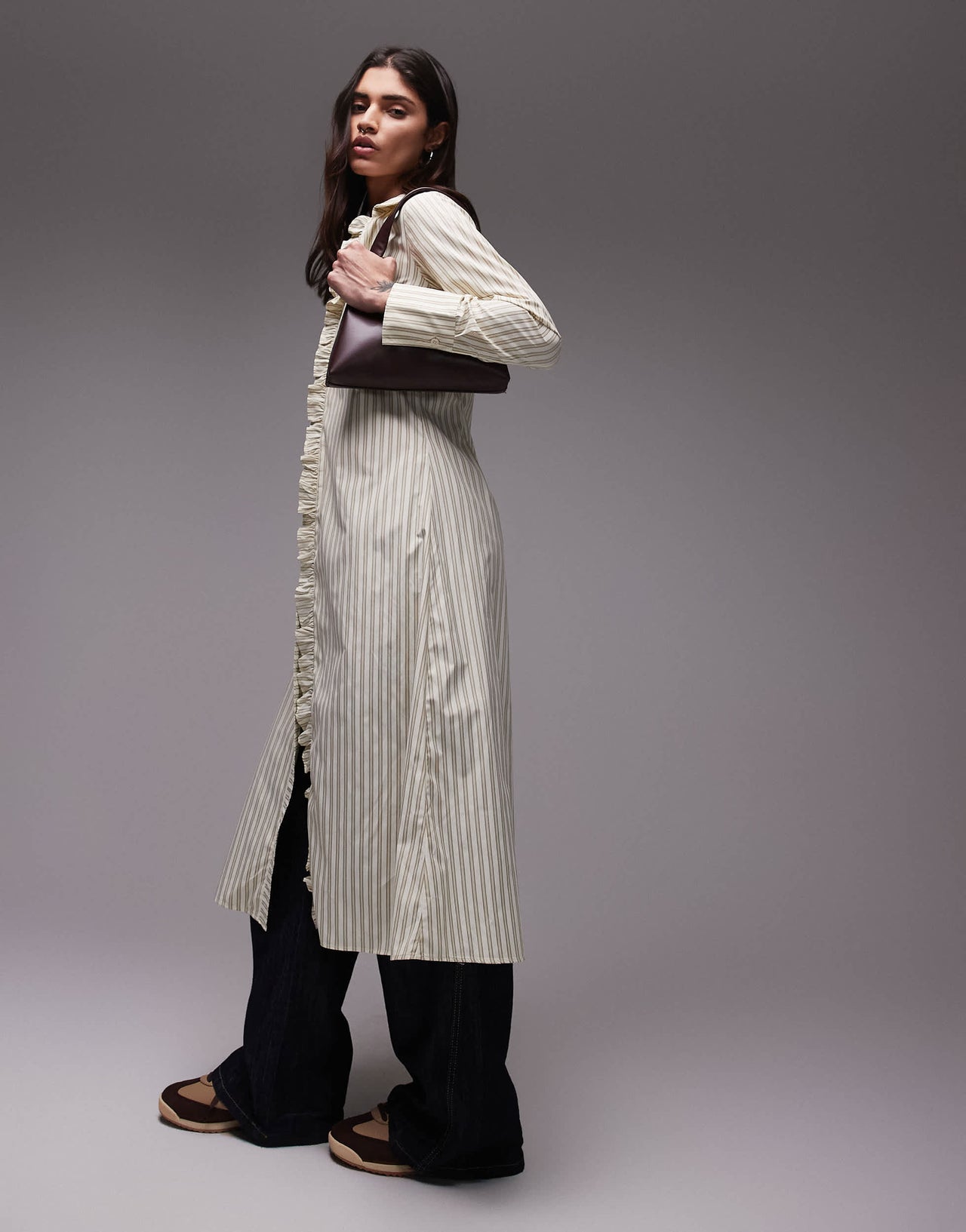 Resume fitted midaxi shirt dress with ruffle placket in multi creme stripe