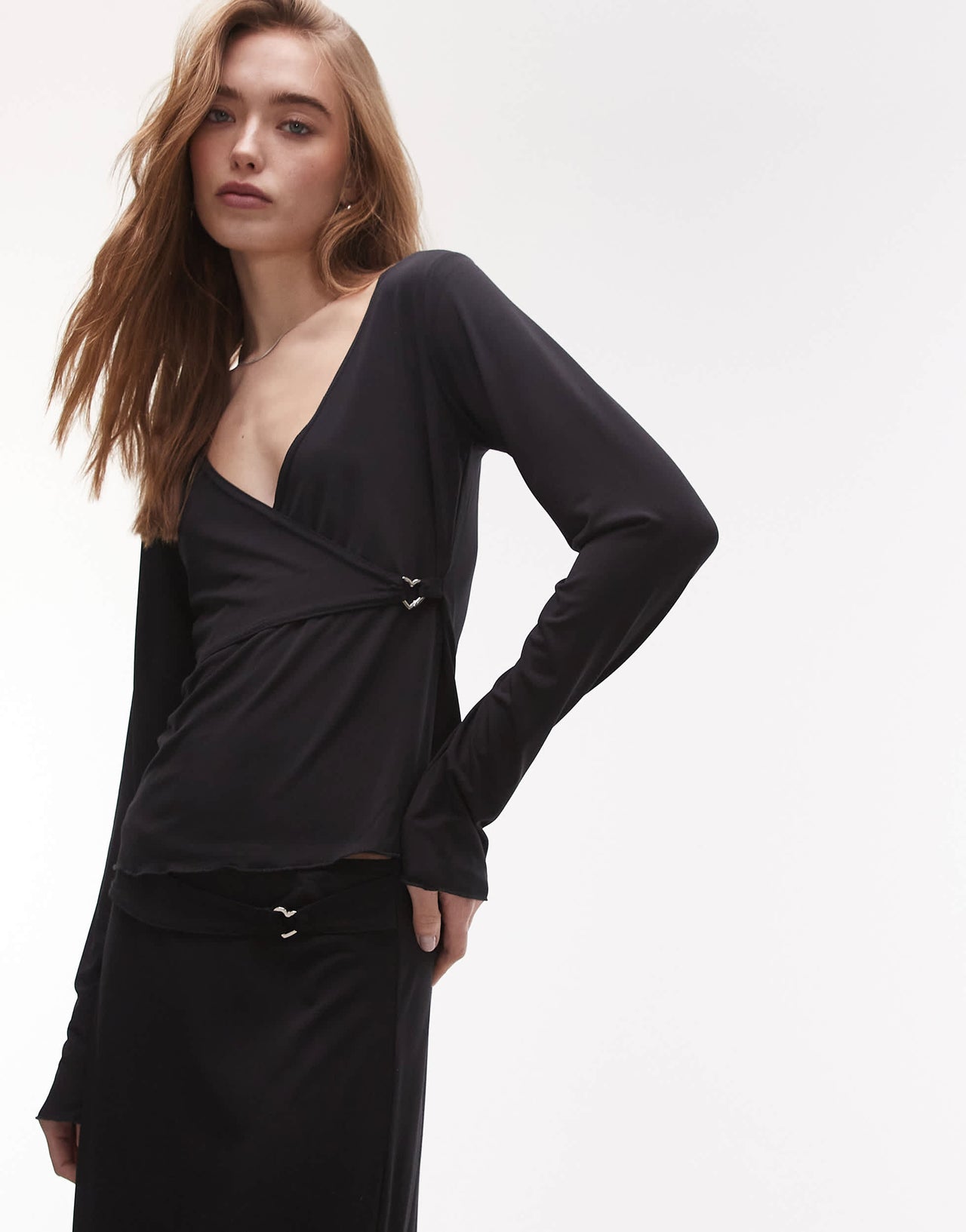 Resume slinky jersey v neck top with buckle detail in black co-ord