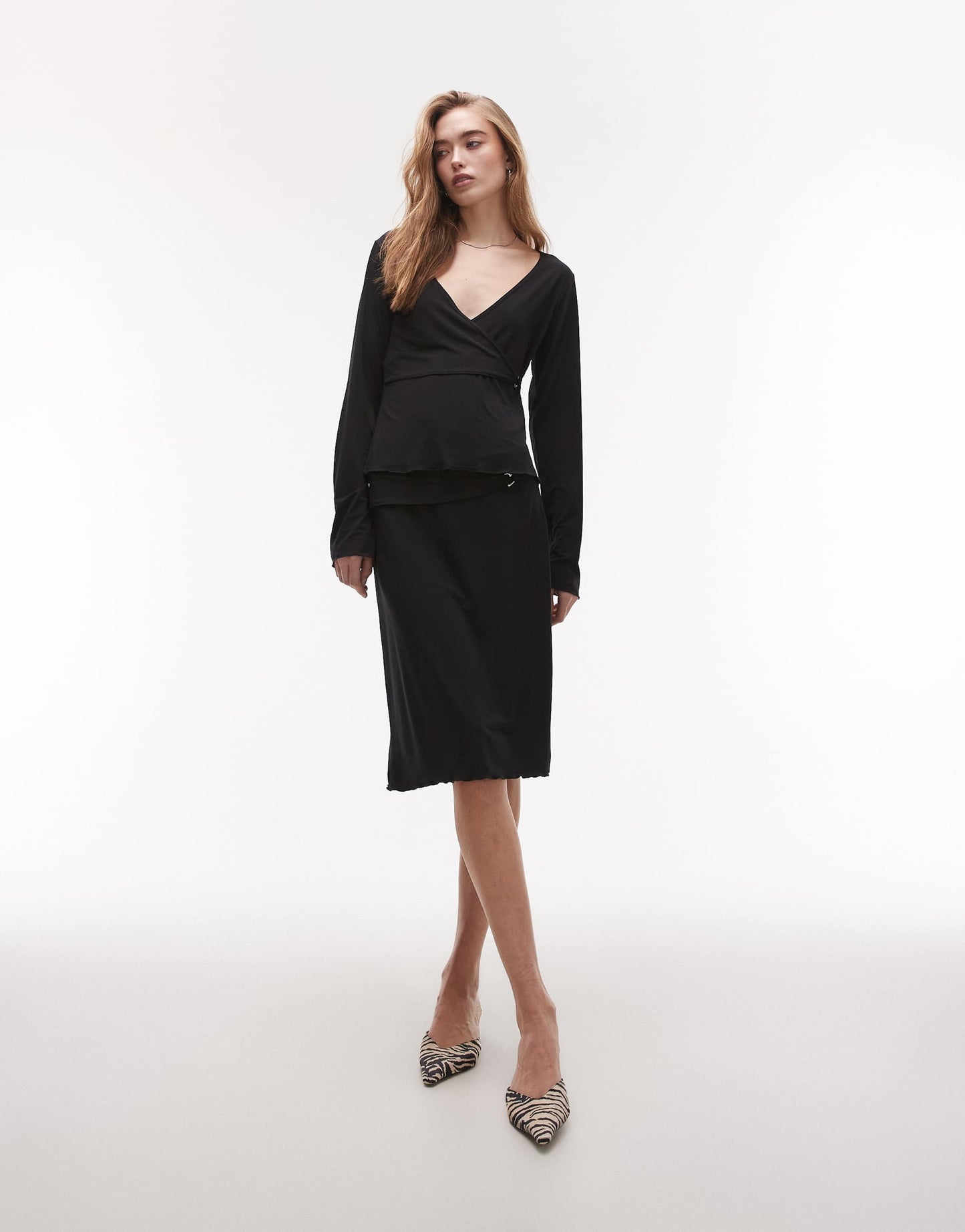 Resume slinky jersey v neck top with buckle detail in black co-ord