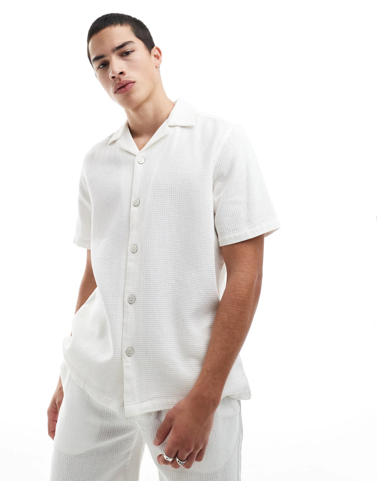 ONLY & SONS relaxed fit waffle shirt co-ord in ecru
