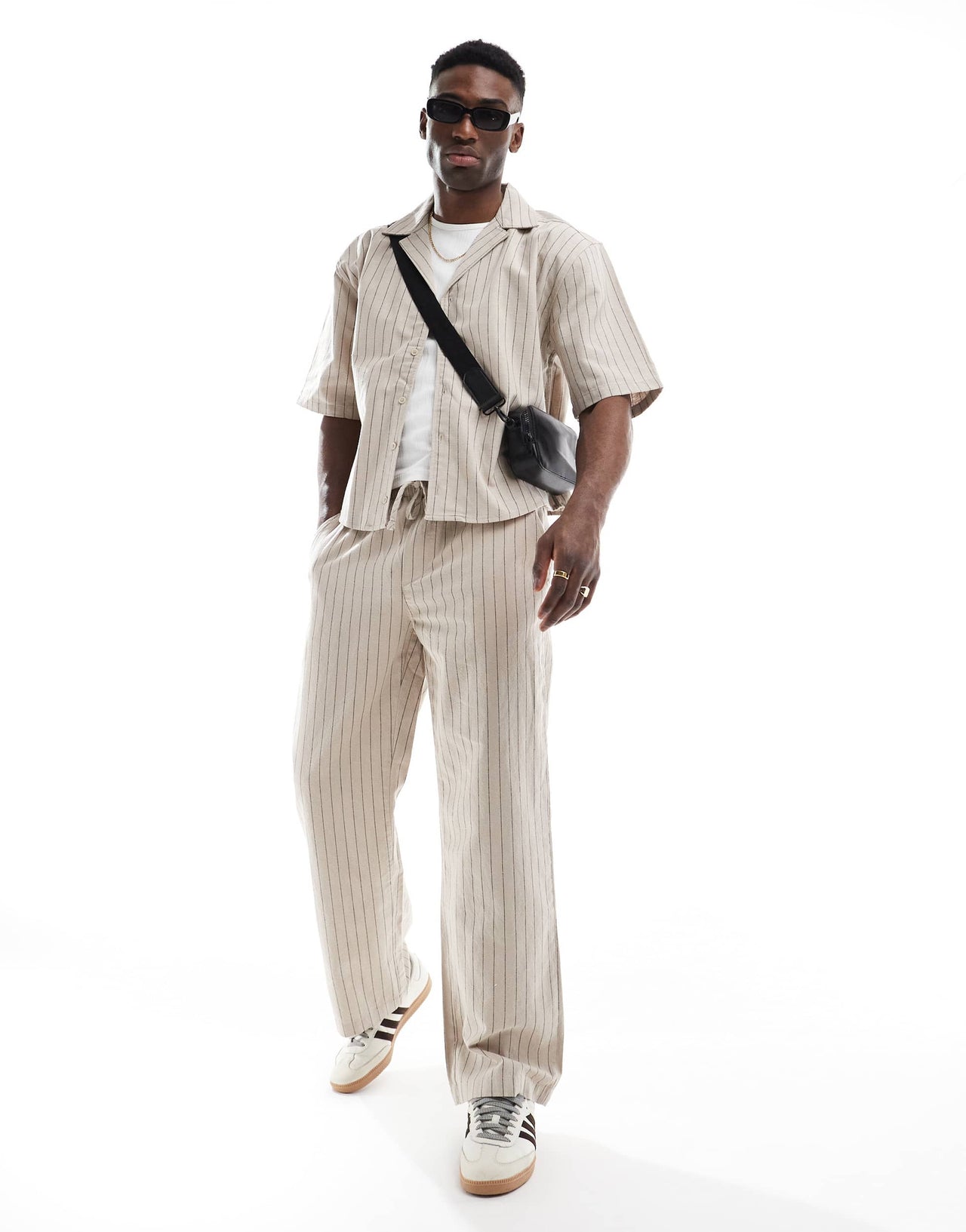ONLY & SONS relaxed fit linen shirt co-ord in beige pinstripe