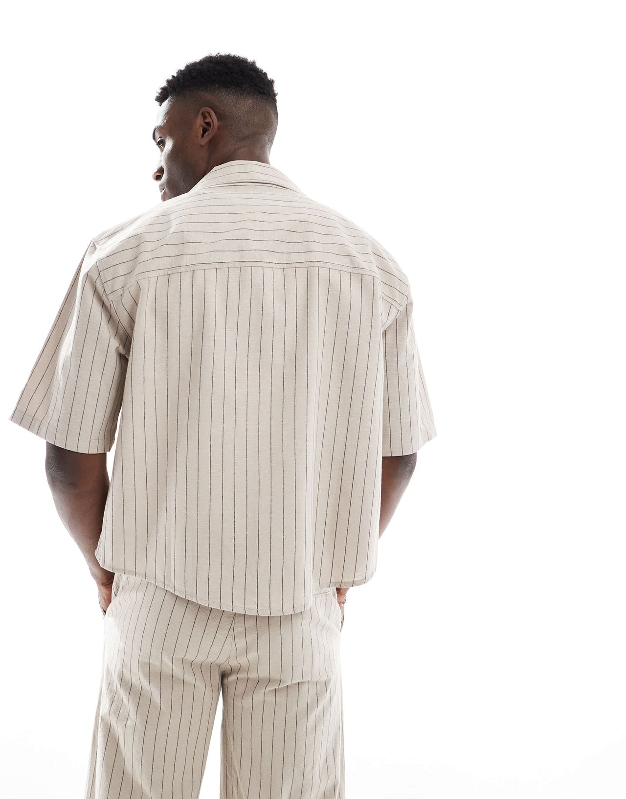 ONLY & SONS relaxed fit linen shirt co-ord in beige pinstripe
