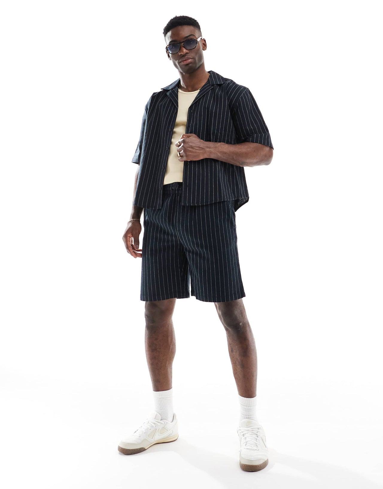 ONLY & SONS loose fit linen short co-ord in black pinstripe