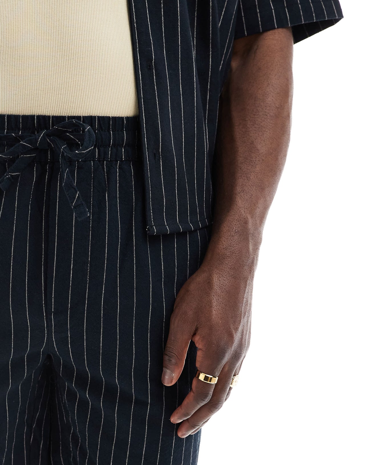 ONLY & SONS loose fit linen short co-ord in black pinstripe