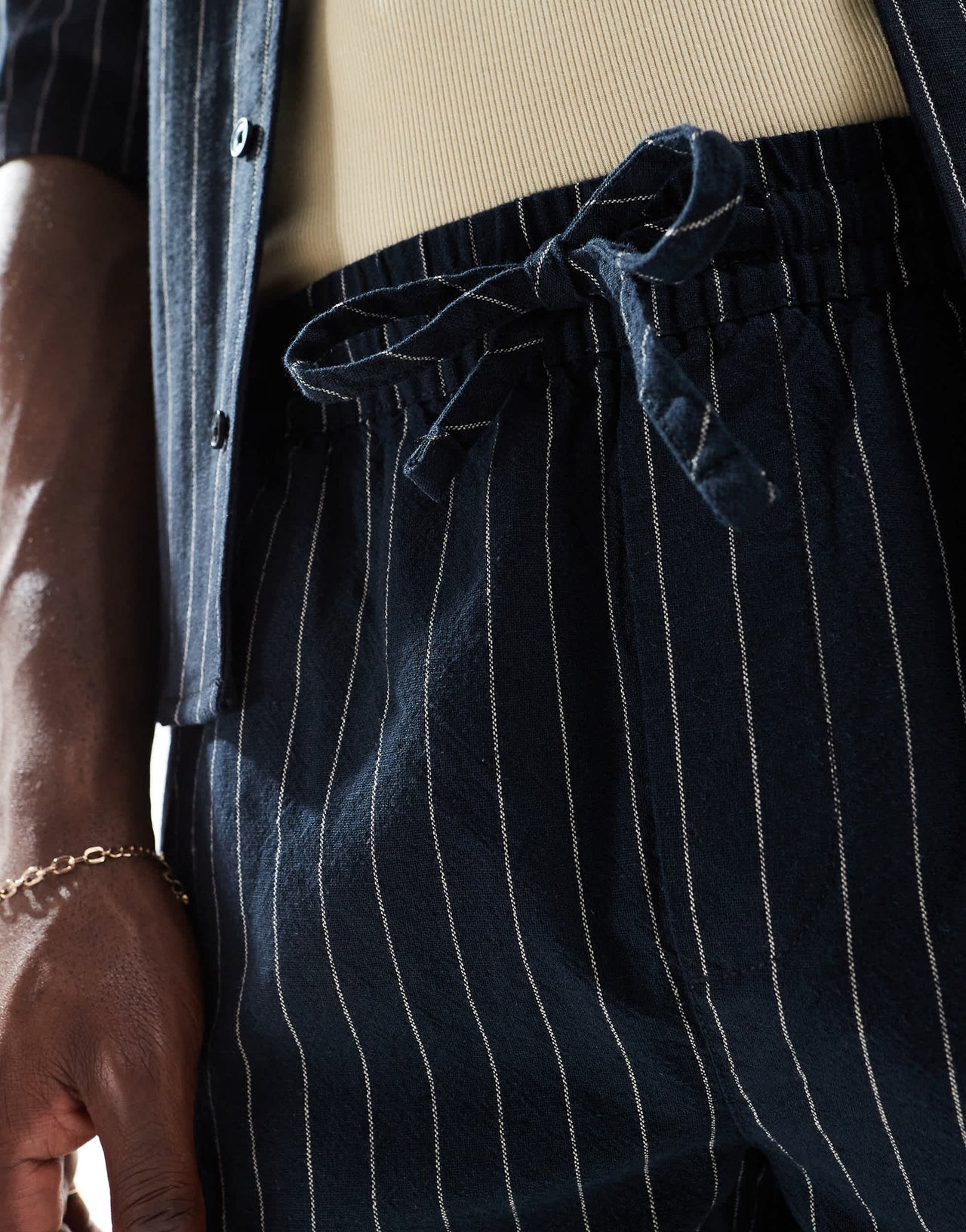 ONLY & SONS loose fit linen short co-ord in black pinstripe