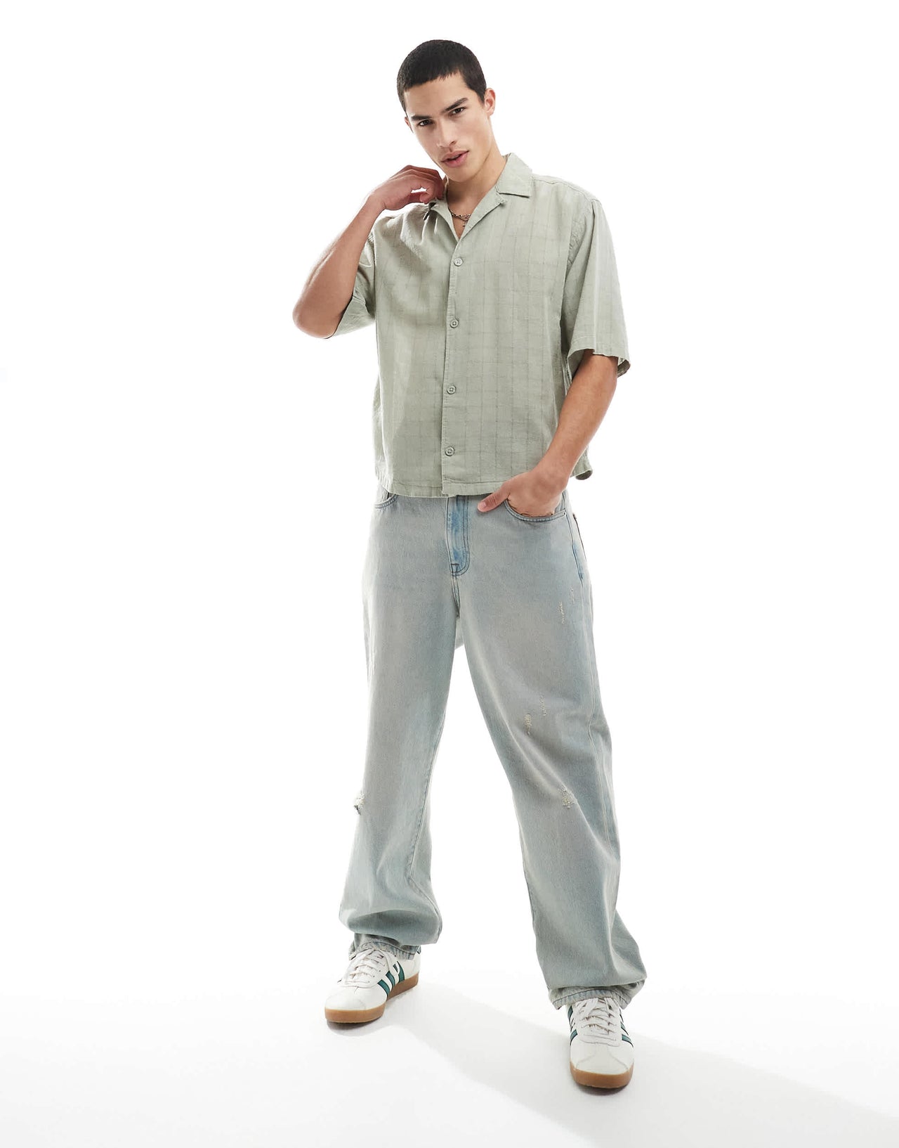 ONLY & SONS relaxed fit textured revere collar shirt in light sage