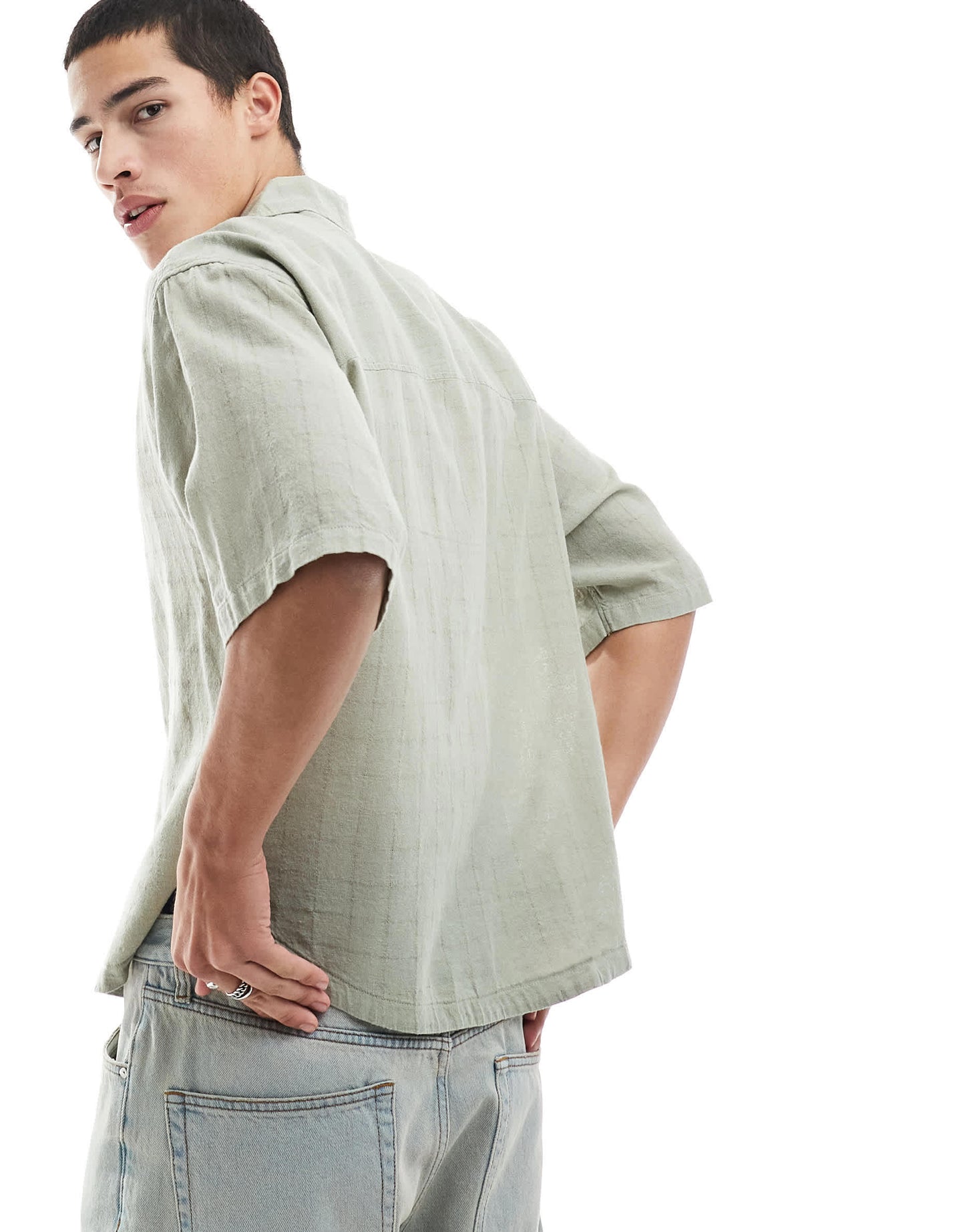 ONLY & SONS relaxed fit textured revere collar shirt in light sage