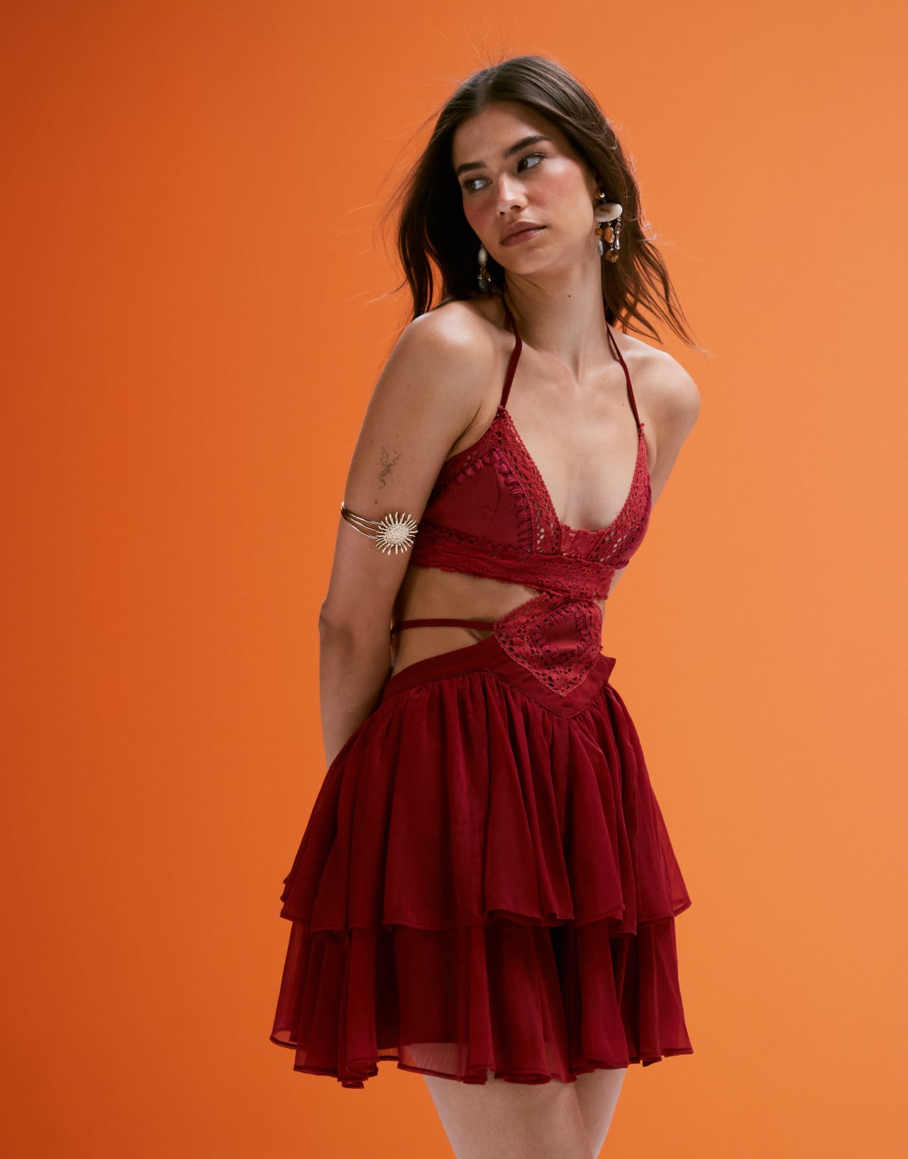 ASOS DESIGN crochet and faux suede bust cut out mini dress with tiered skirt in deep pink