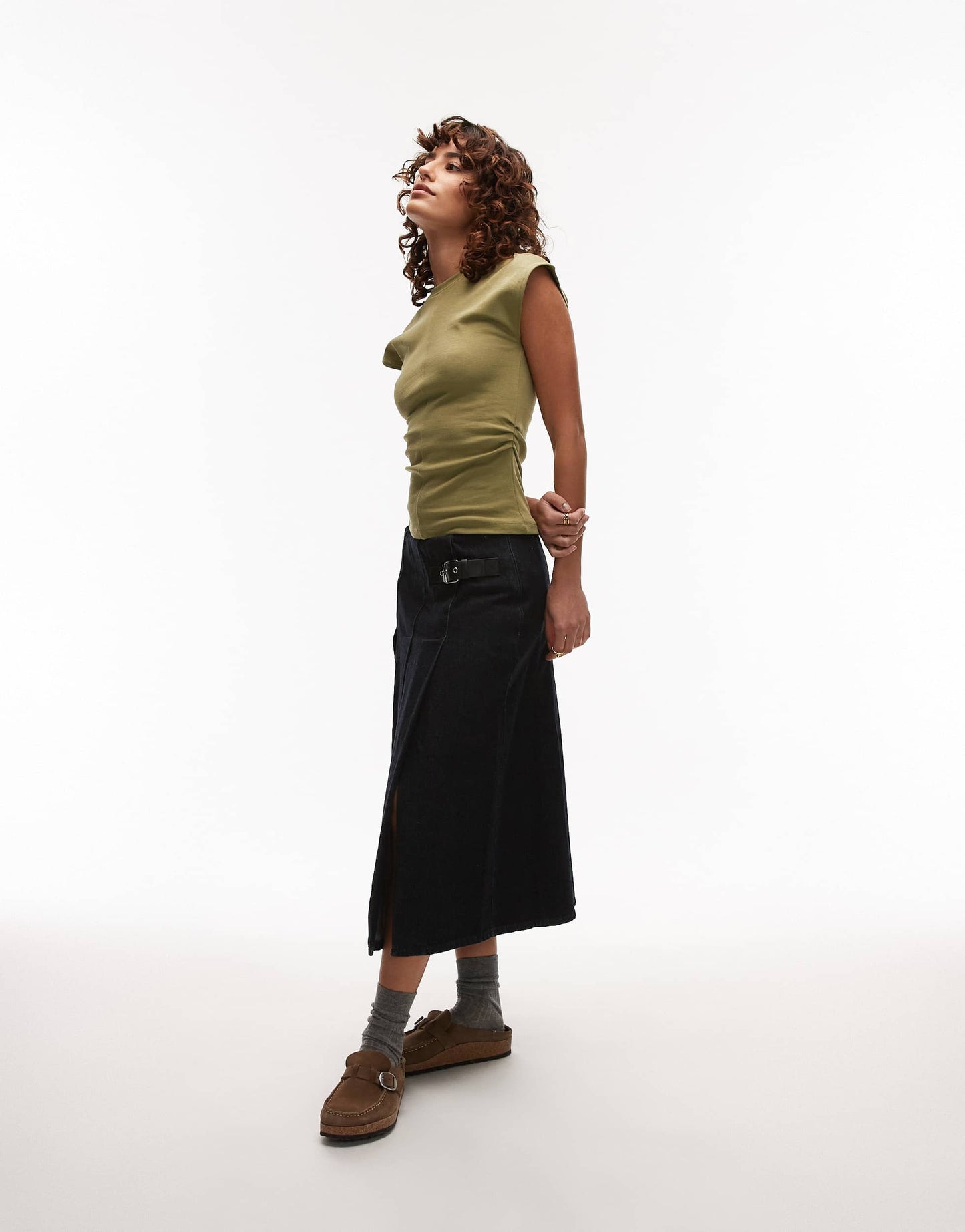 Topshop cinch waist structured top in light khaki