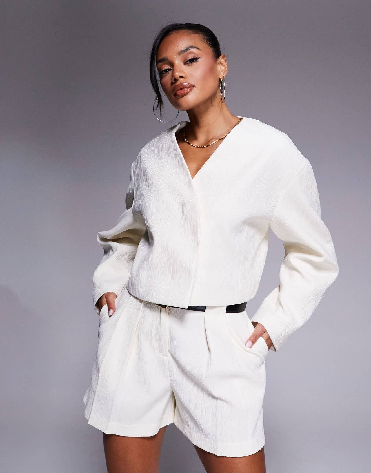 ASOS DESIGN cropped textured blazer co-ord in cream