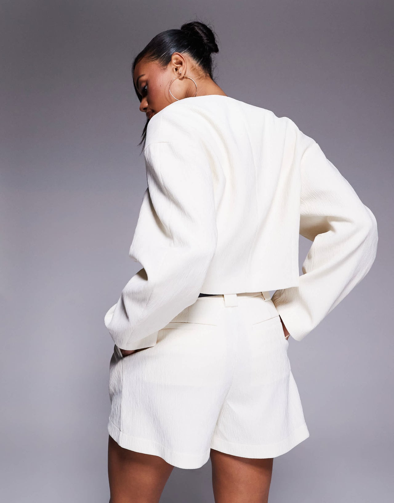 ASOS DESIGN cropped textured blazer co-ord in cream