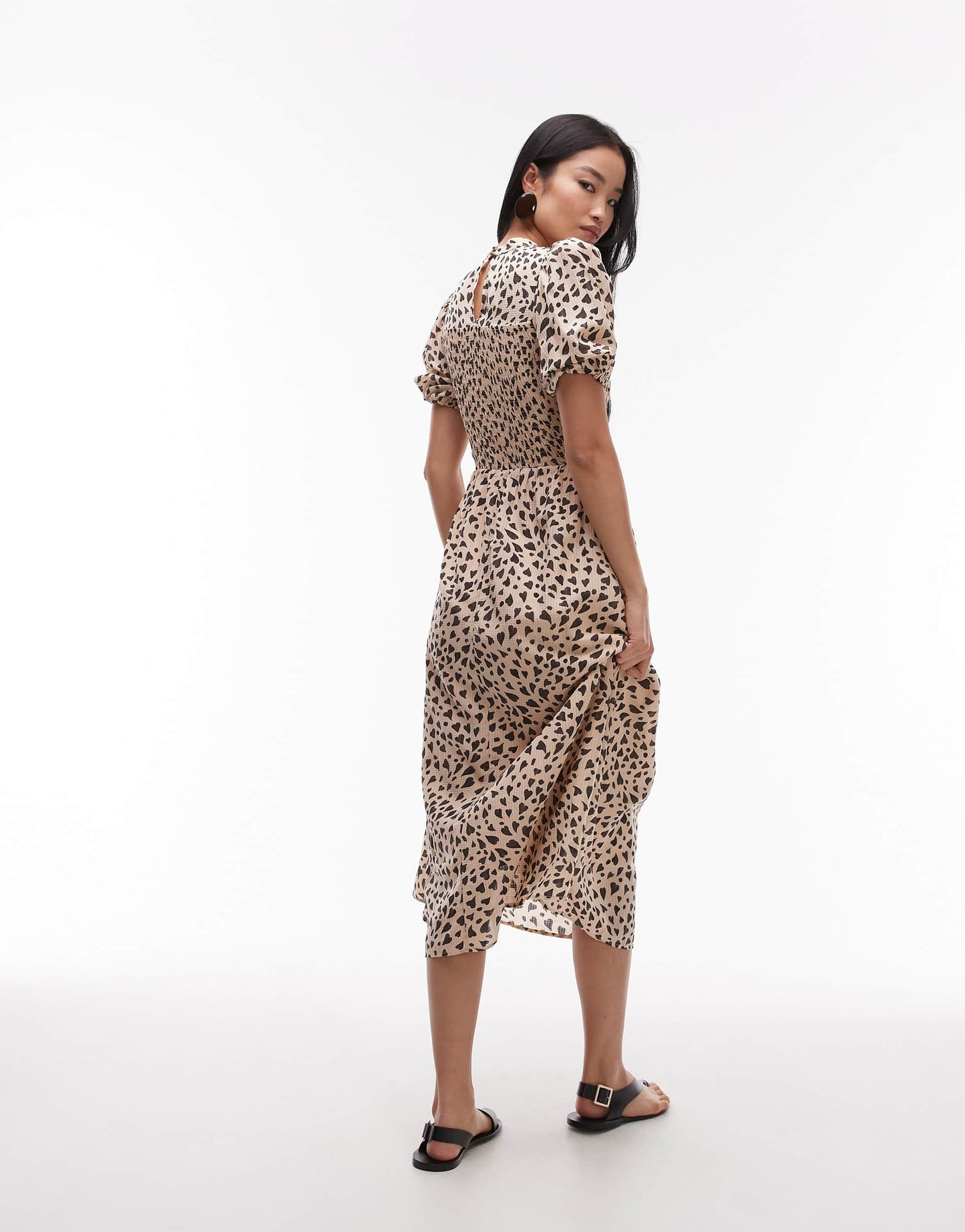 & Other Stories puff sleeves midi dress with shirred bodice in black and beige hearts print
