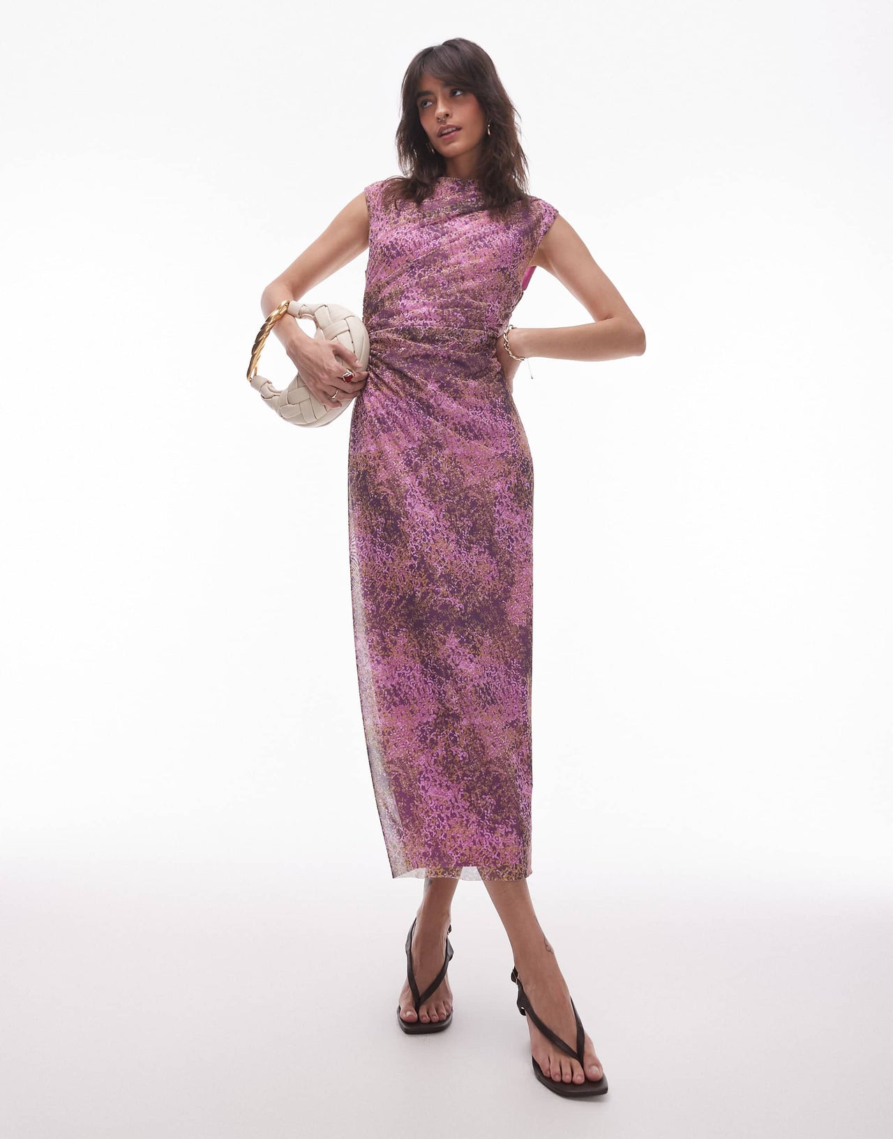 & Other Stories mesh midi dress with drape detail in pink abstract print