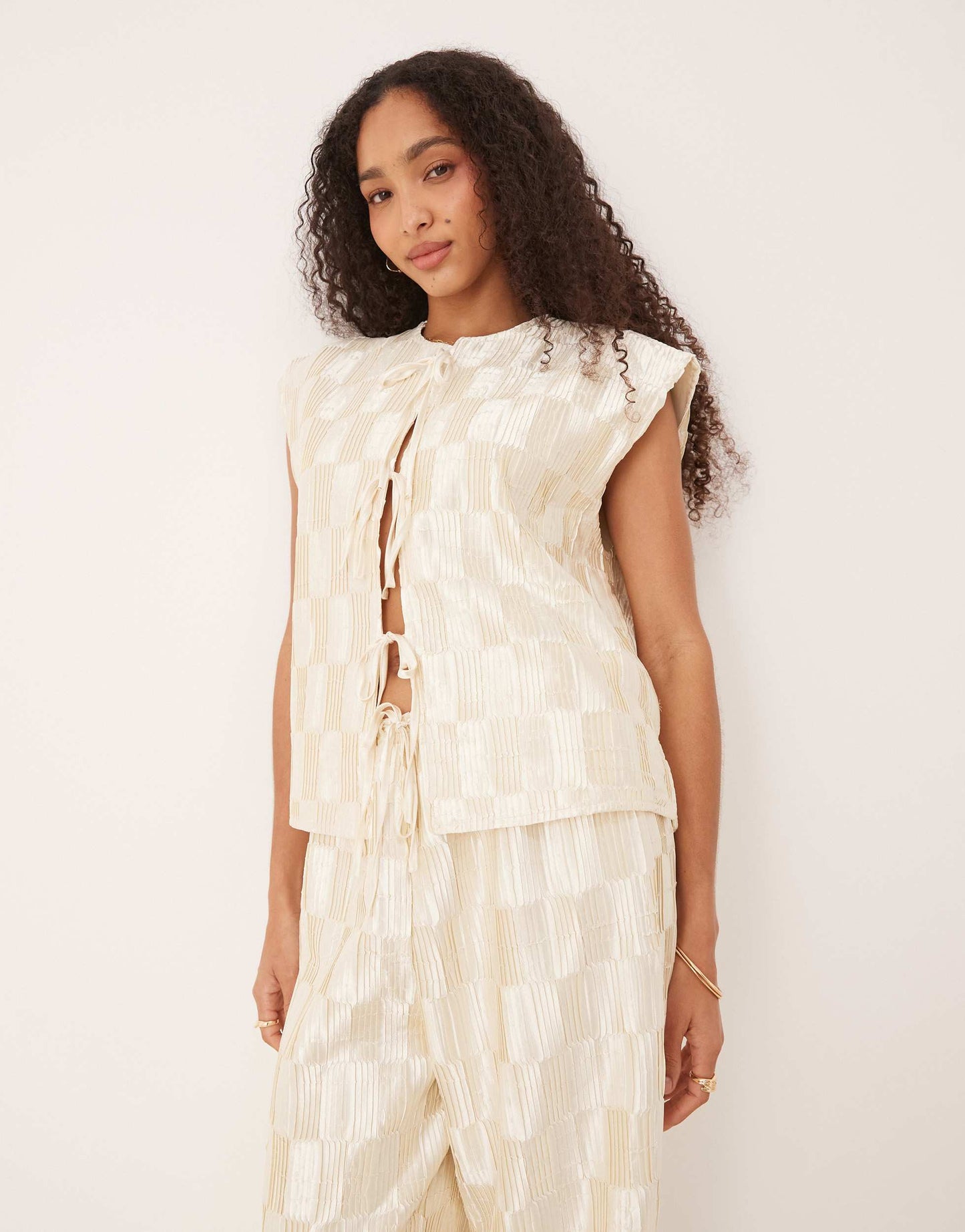 VRG GRL enni tie-front plisse smock vest co-ord top in cream